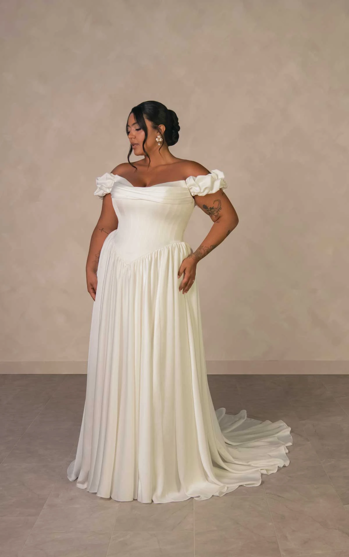 d4568 Timeless Off-the-Shoulder Satin A-line Wedding Dress with Detachable Ruched Sleeves by Essense of Australia