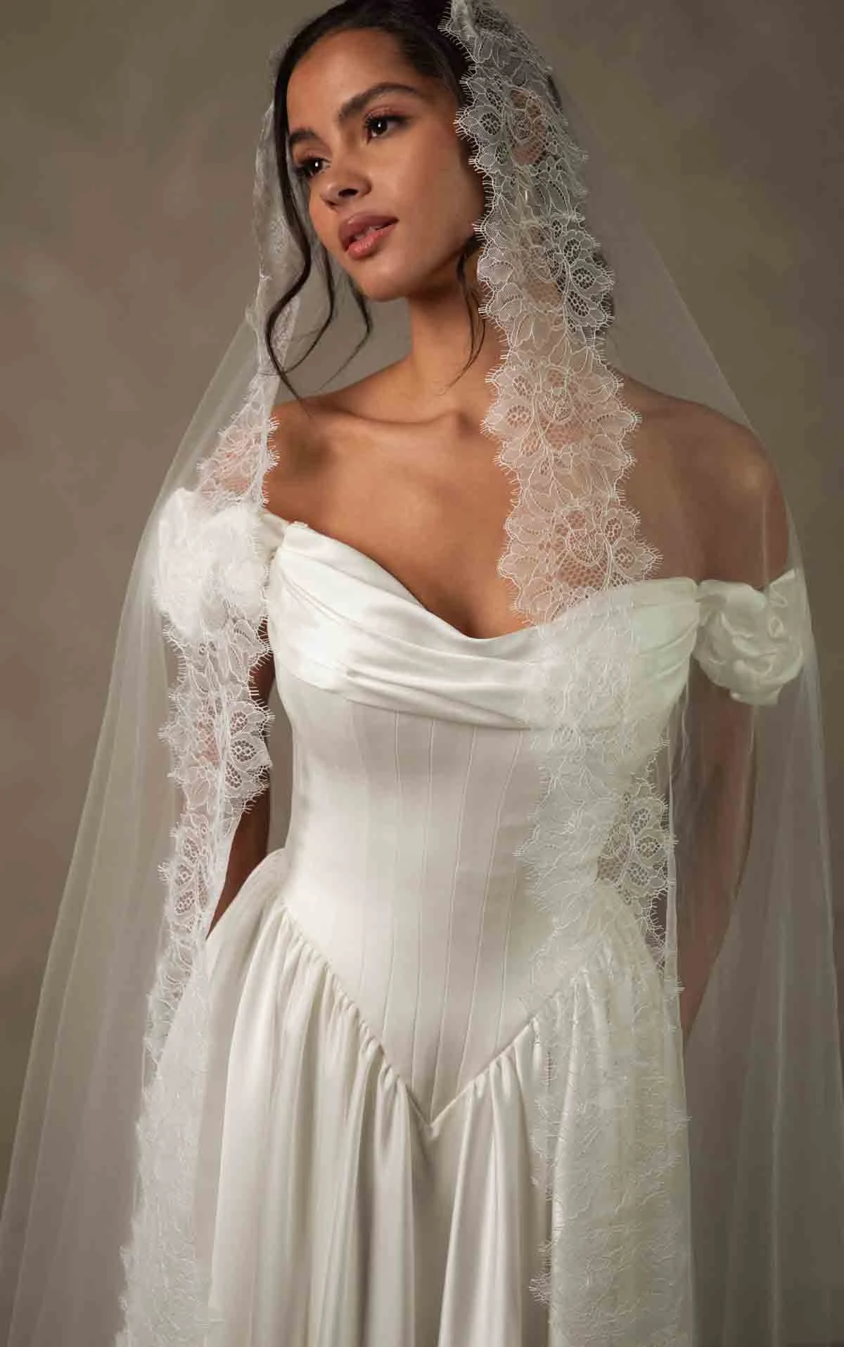 d4568 Timeless Off-the-Shoulder Satin A-line Wedding Dress with Detachable Ruched Sleeves by Essense of Australia