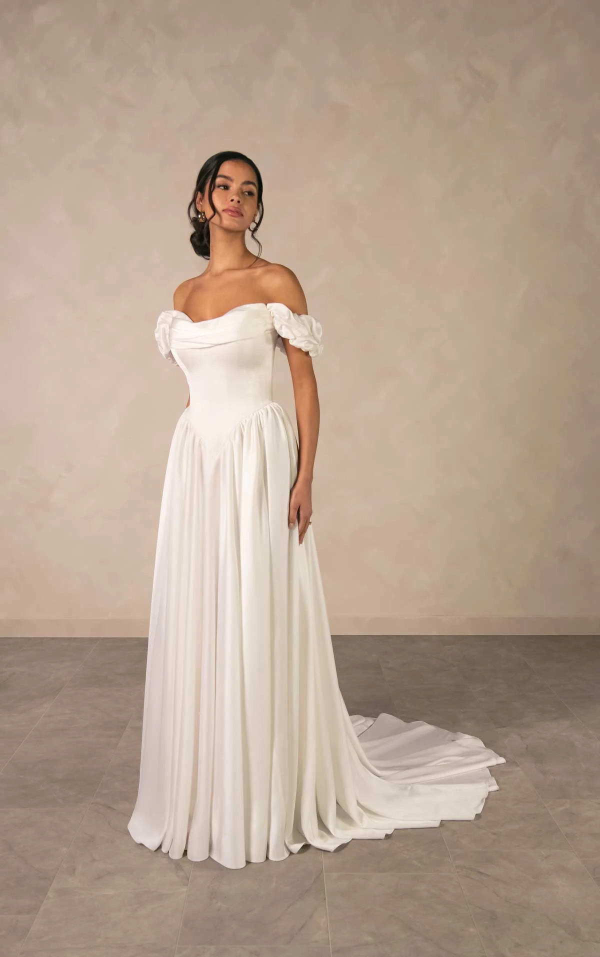 d4568 Timeless Off-the-Shoulder Satin A-line Wedding Dress with Detachable Ruched Sleeves by Essense of Australia