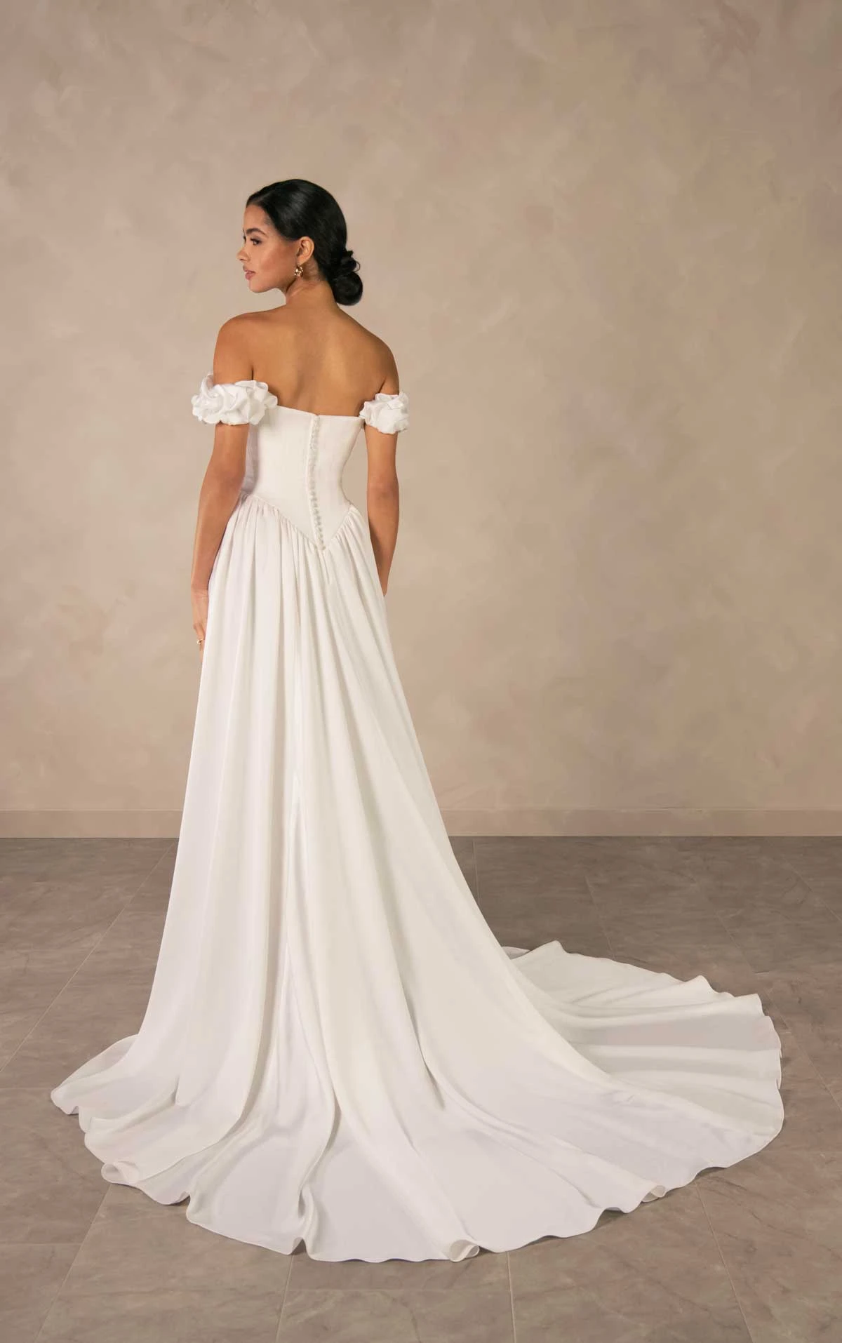 d4568 Timeless Off-the-Shoulder Satin A-line Wedding Dress with Detachable Ruched Sleeves by Essense of Australia