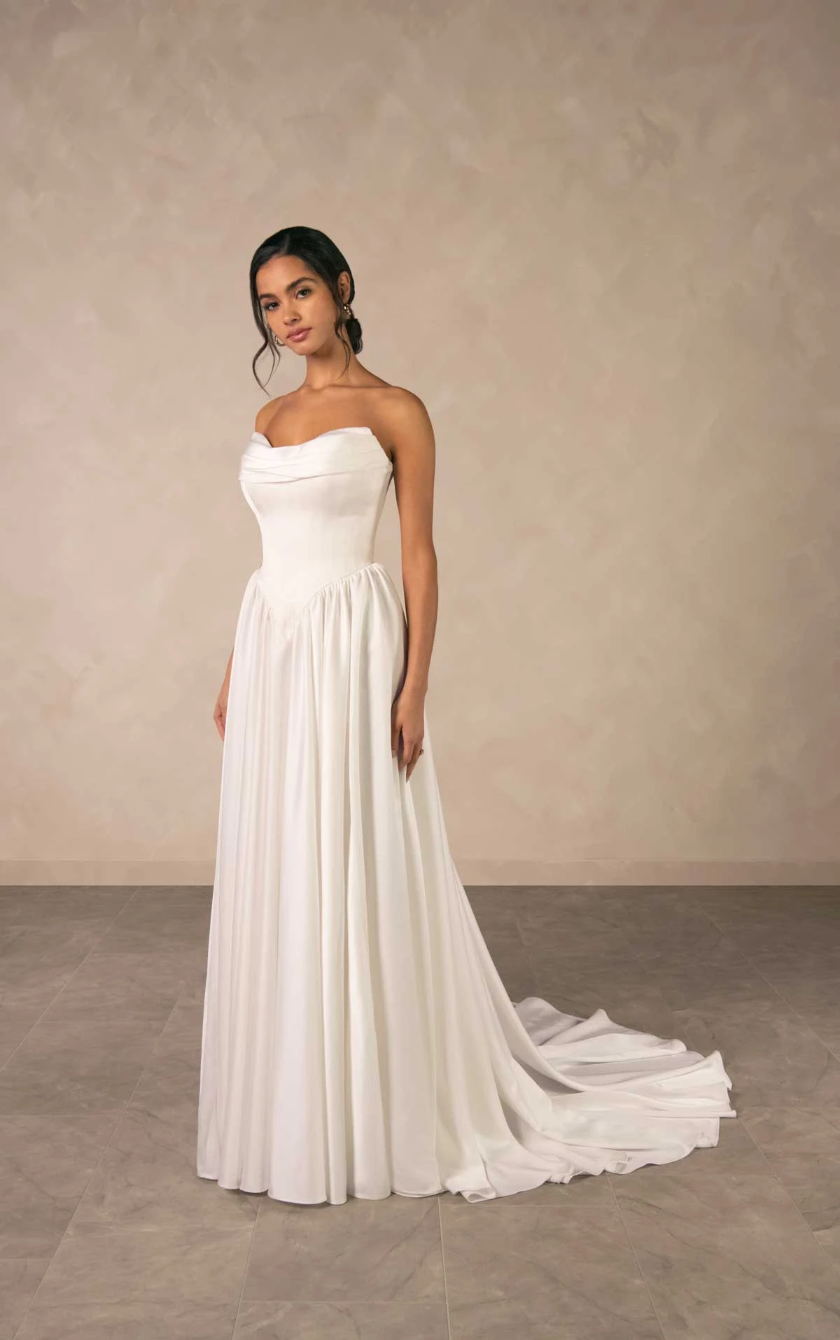 d4568 Timeless Off-the-Shoulder Satin A-line Wedding Dress with Detachable Ruched Sleeves by Essense of Australia