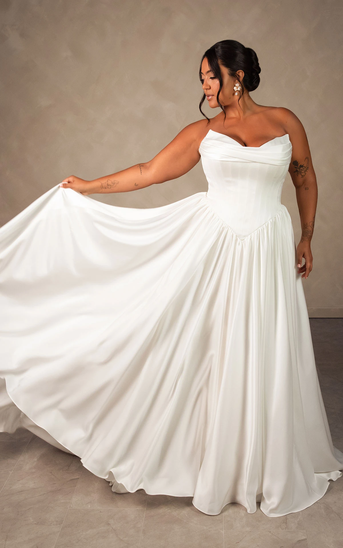 d4568+ Plus Size Timeless Off-the-Shoulder Satin A-line Wedding Dress with Detachable Ruched Sleeves  by Essense of Australia