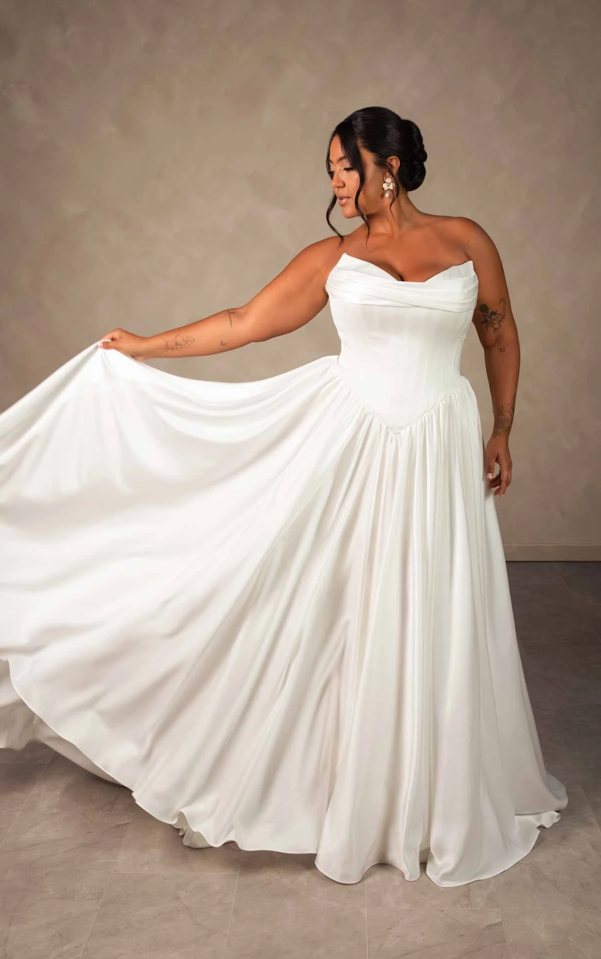 d4568+ Plus Size Timeless Off-the-Shoulder Satin A-line Wedding Dress with Detachable Ruched Sleeves by Essense of Australia