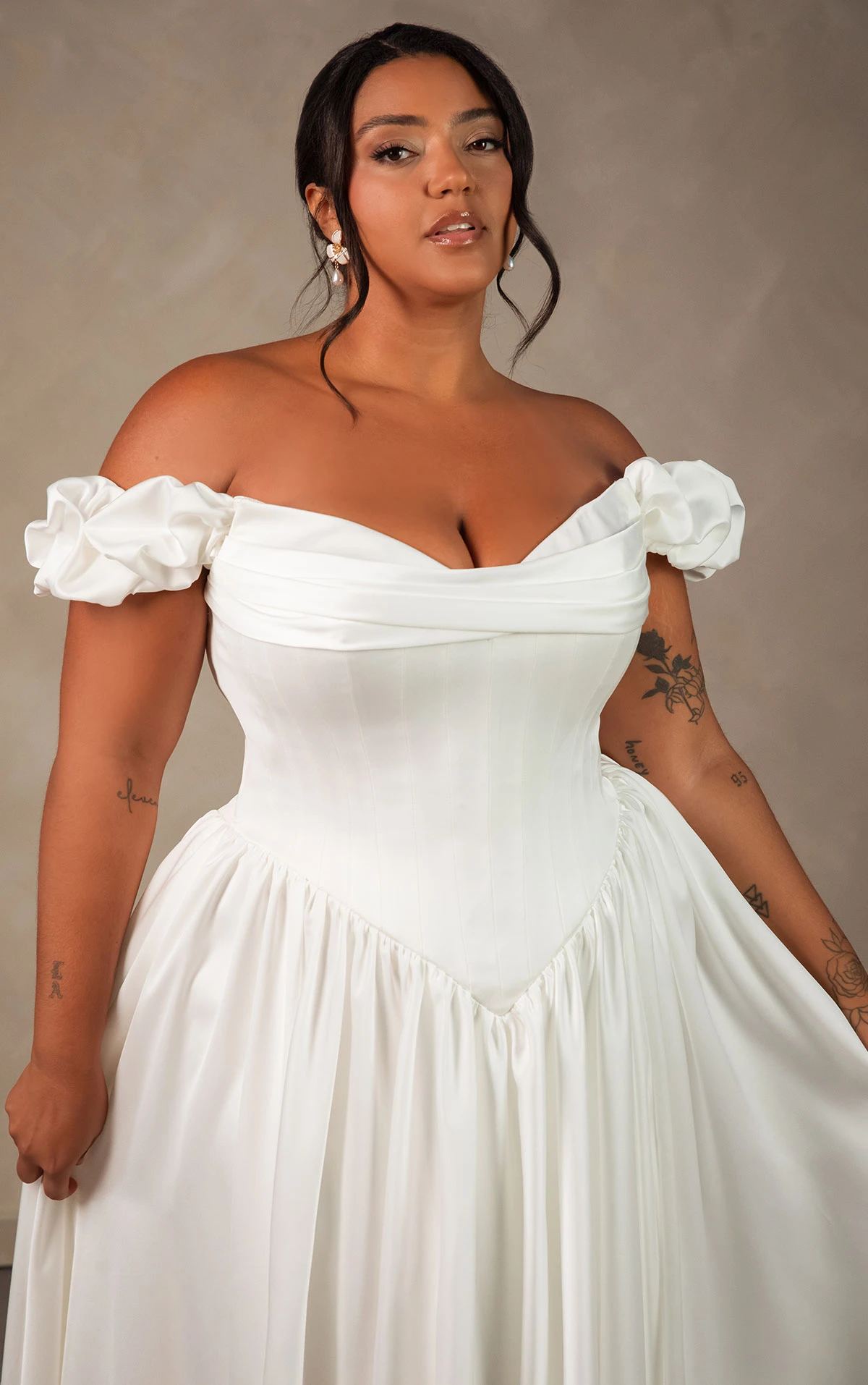 d4568+ Plus Size Timeless Off-the-Shoulder Satin A-line Wedding Dress with Detachable Ruched Sleeves  by Essense of Australia