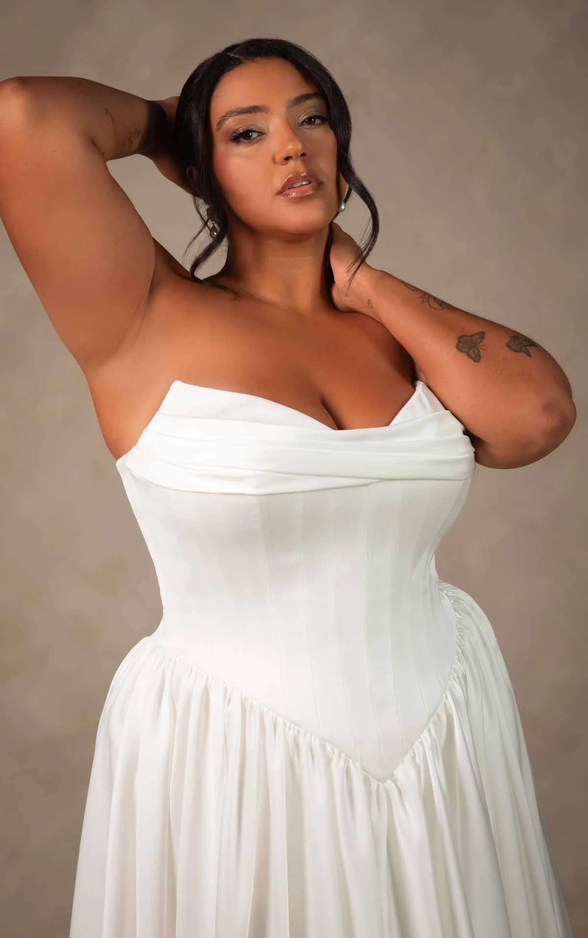 d4568+ Plus Size Timeless Off-the-Shoulder Satin A-line Wedding Dress with Detachable Ruched Sleeves by Essense of Australia