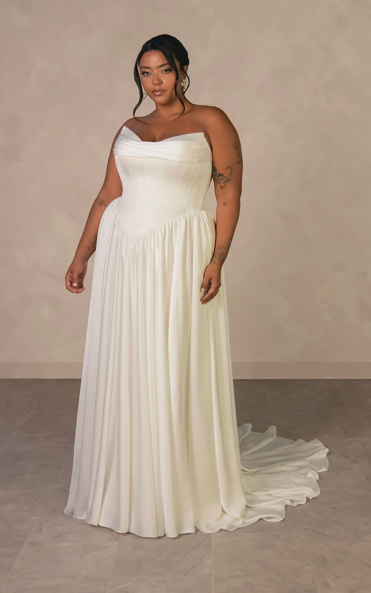 d4568+ Plus Size Timeless Off-the-Shoulder Satin A-line Wedding Dress with Detachable Ruched Sleeves  by Essense of Australia