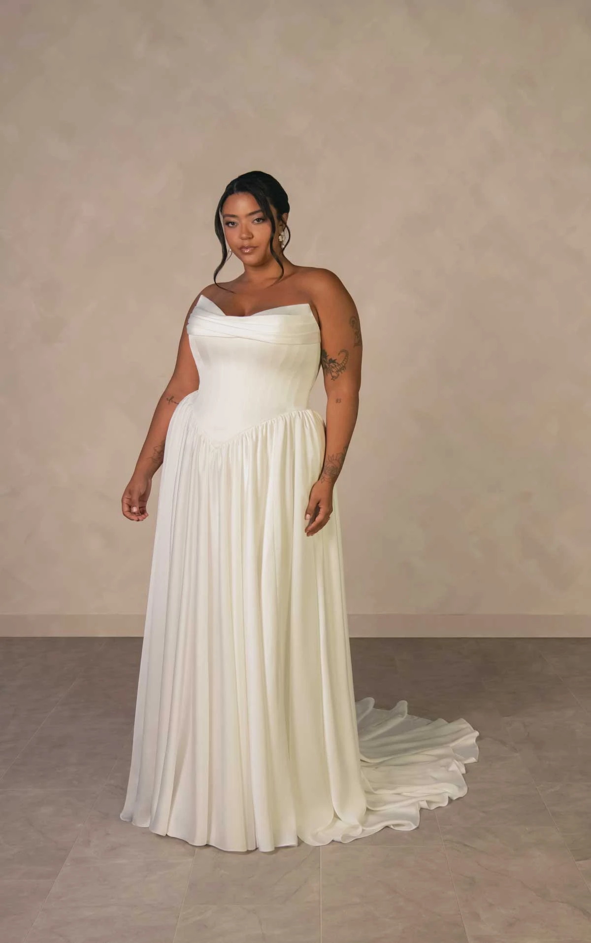 d4568+ Plus Size Timeless Off-the-Shoulder Satin A-line Wedding Dress with Detachable Ruched Sleeves by Essense of Australia