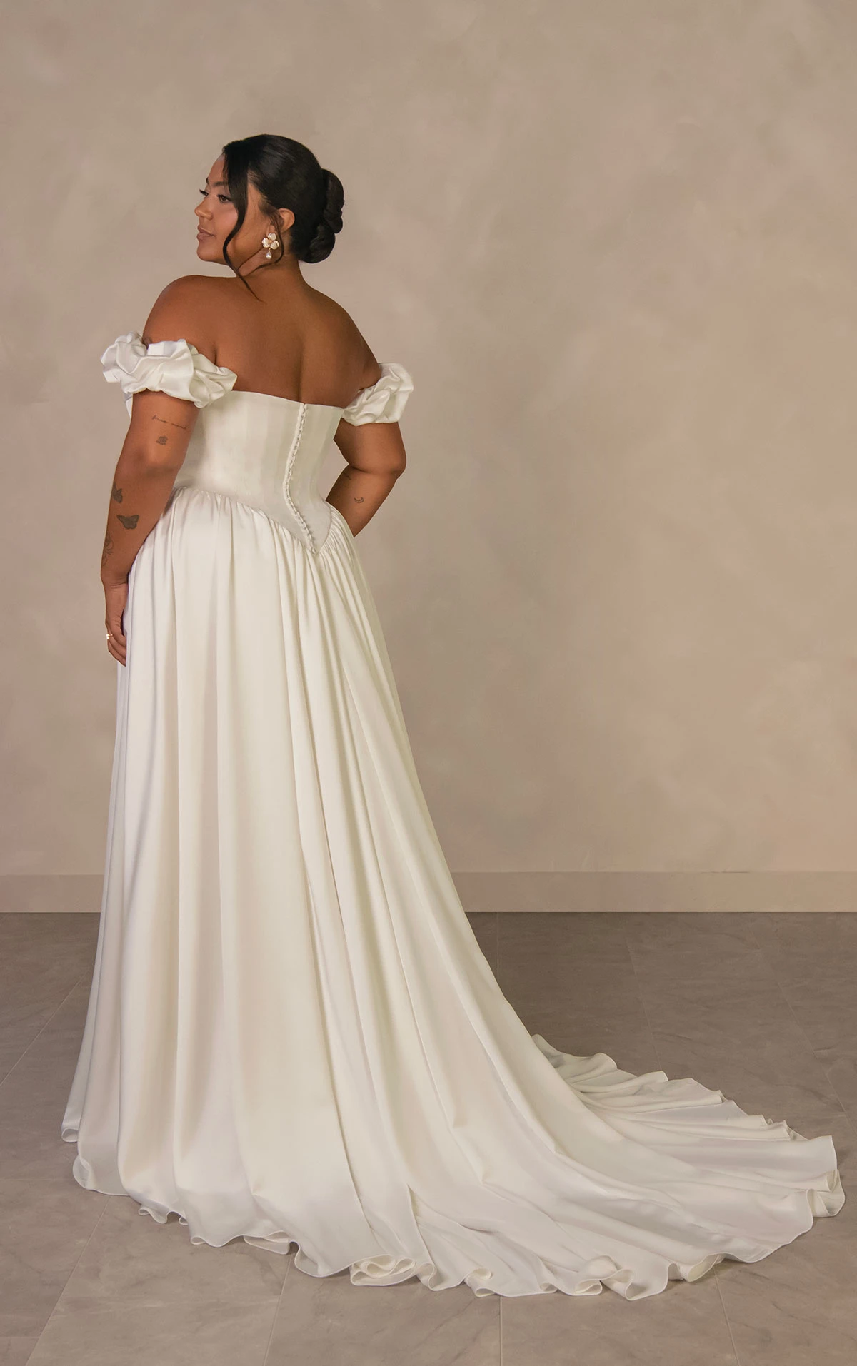 d4568+ Plus Size Timeless Off-the-Shoulder Satin A-line Wedding Dress with Detachable Ruched Sleeves  by Essense of Australia