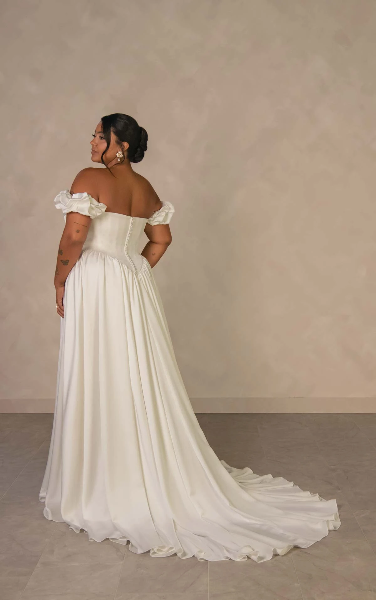 d4568+ Plus Size Timeless Off-the-Shoulder Satin A-line Wedding Dress with Detachable Ruched Sleeves by Essense of Australia