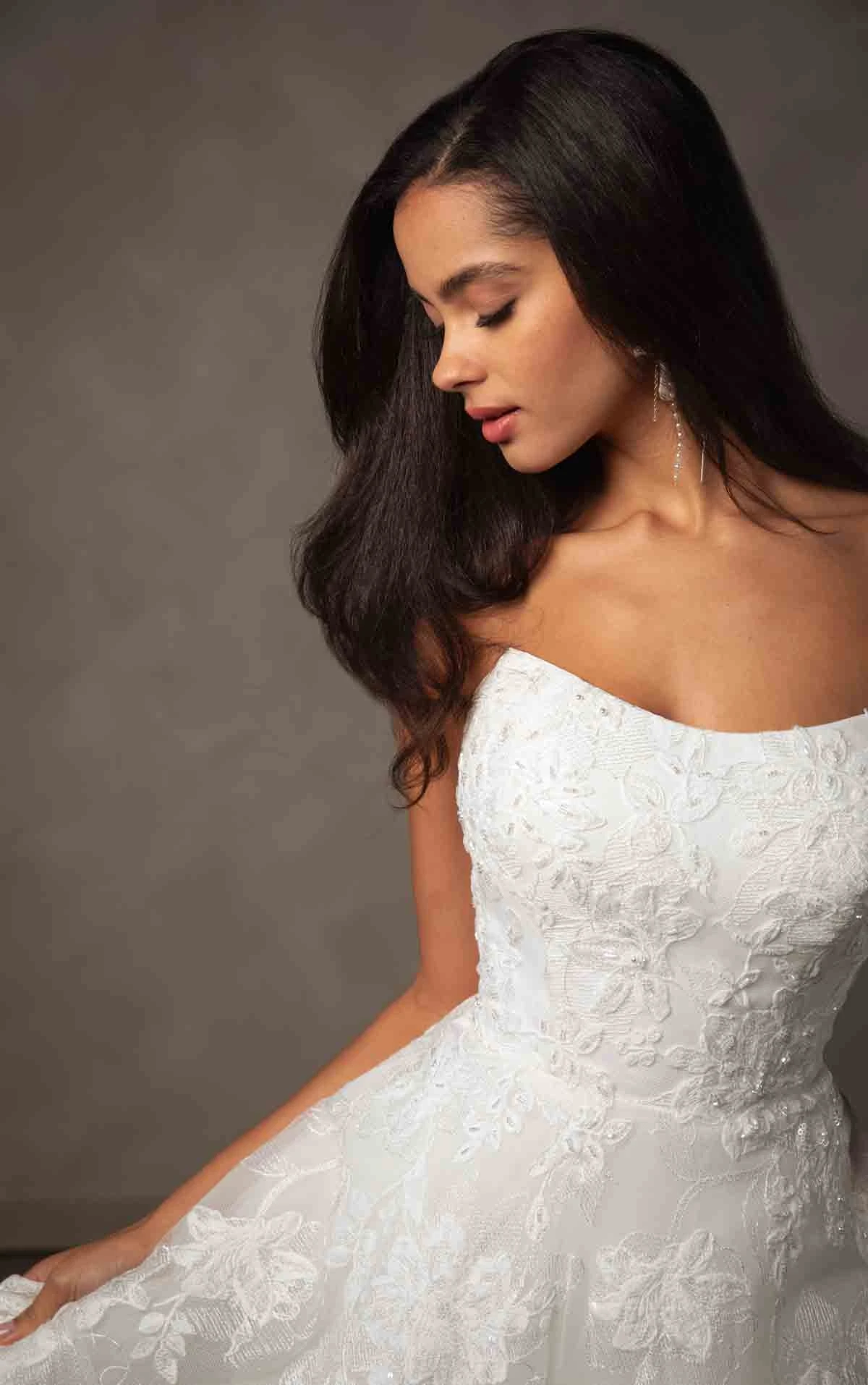 d4571 Sparkling Strapless A-Line Wedding Dress with Whimsical Floral Artistry by Essense of Australia