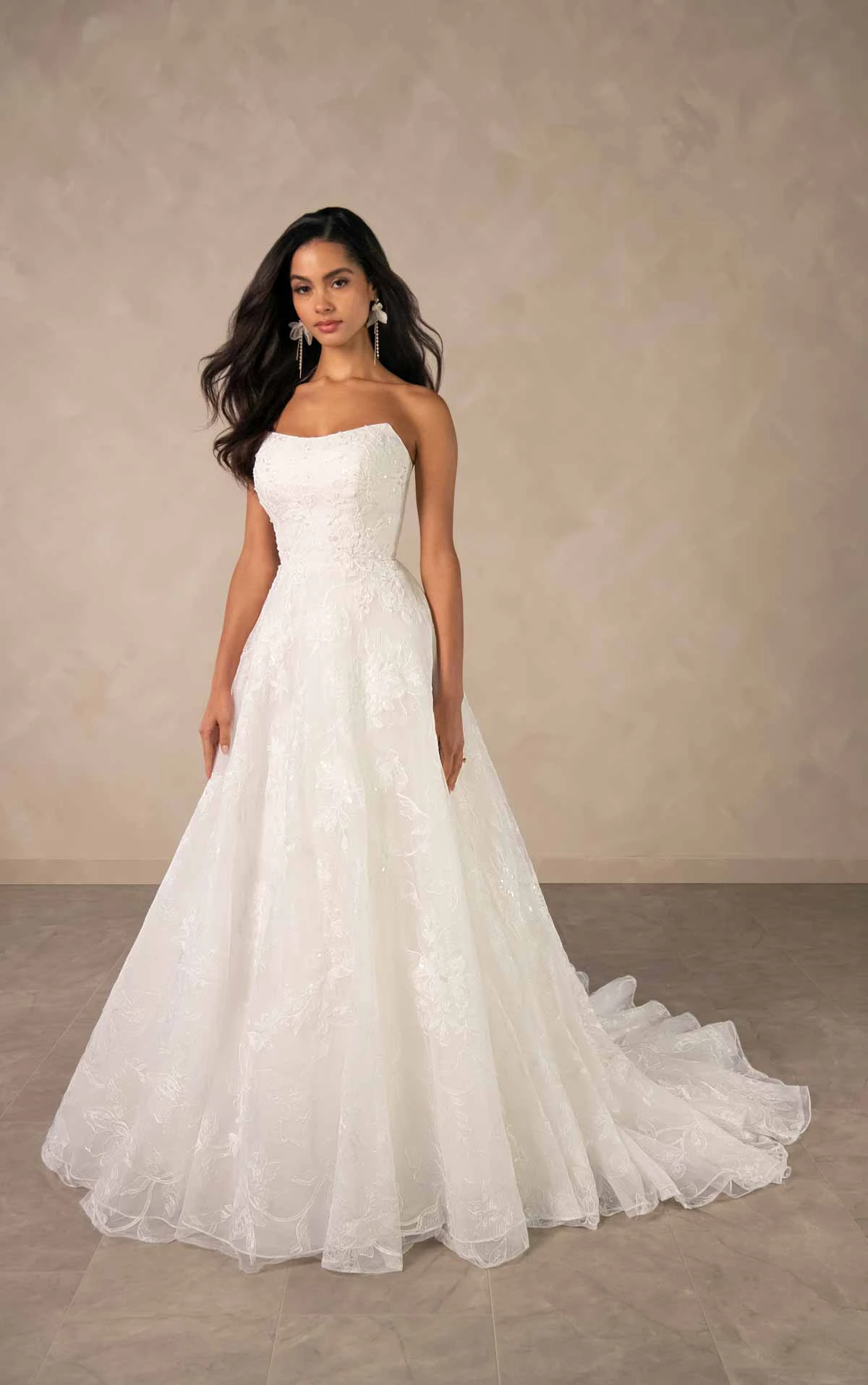 d4571 Sparkling Strapless A-Line Wedding Dress with Whimsical Floral Artistry by Essense of Australia