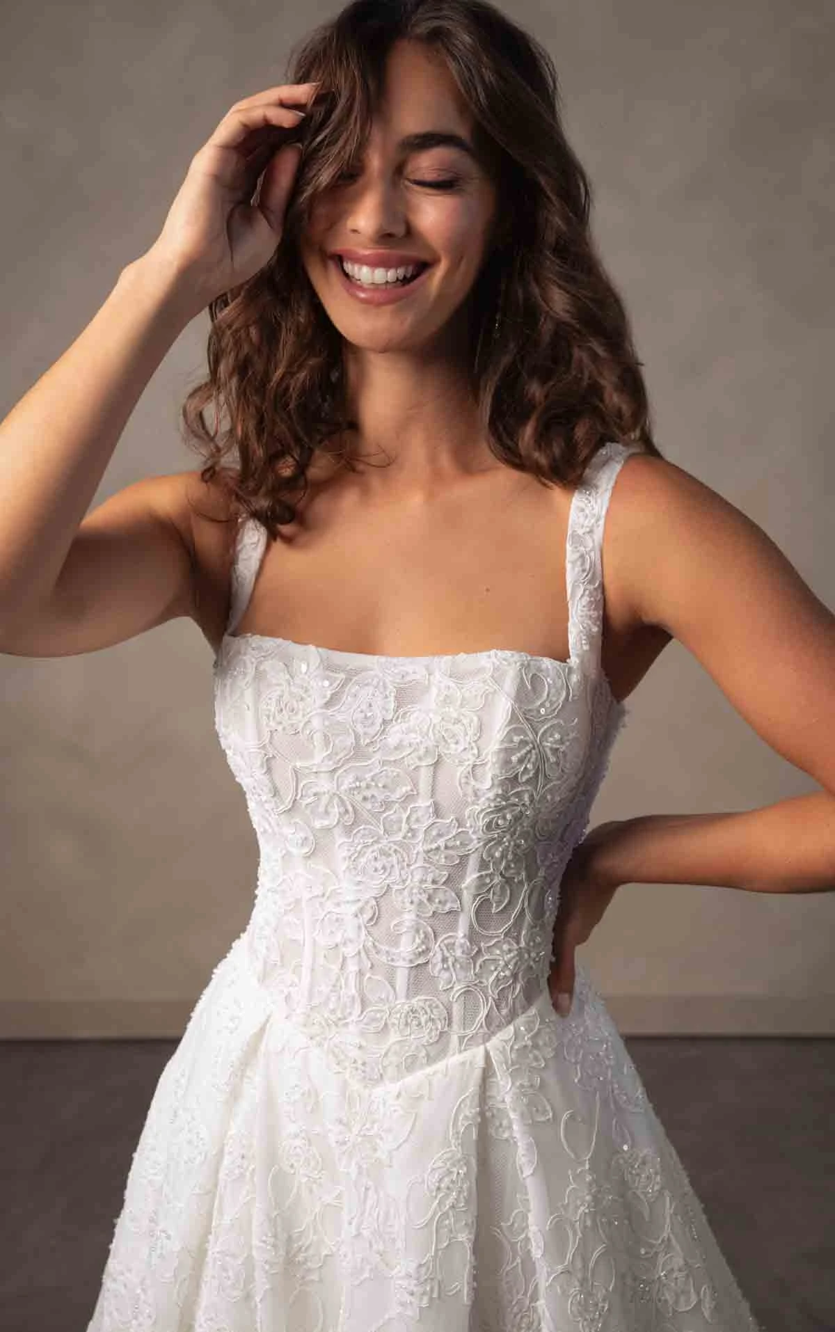 d4572 Sparkling Square Neckline Lace A-line Wedding Dress with Drop Waist by Essense of Australia