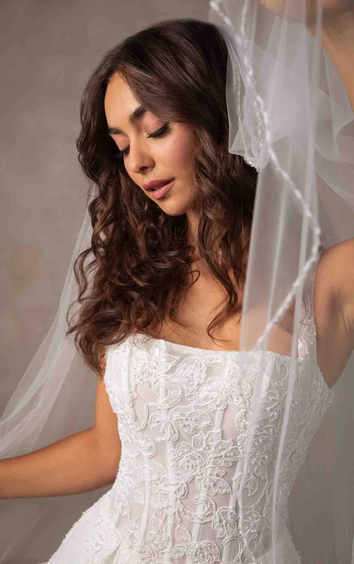 d4572 Sparkling Square Neckline Lace A-line Wedding Dress with Drop Waist by Essense of Australia