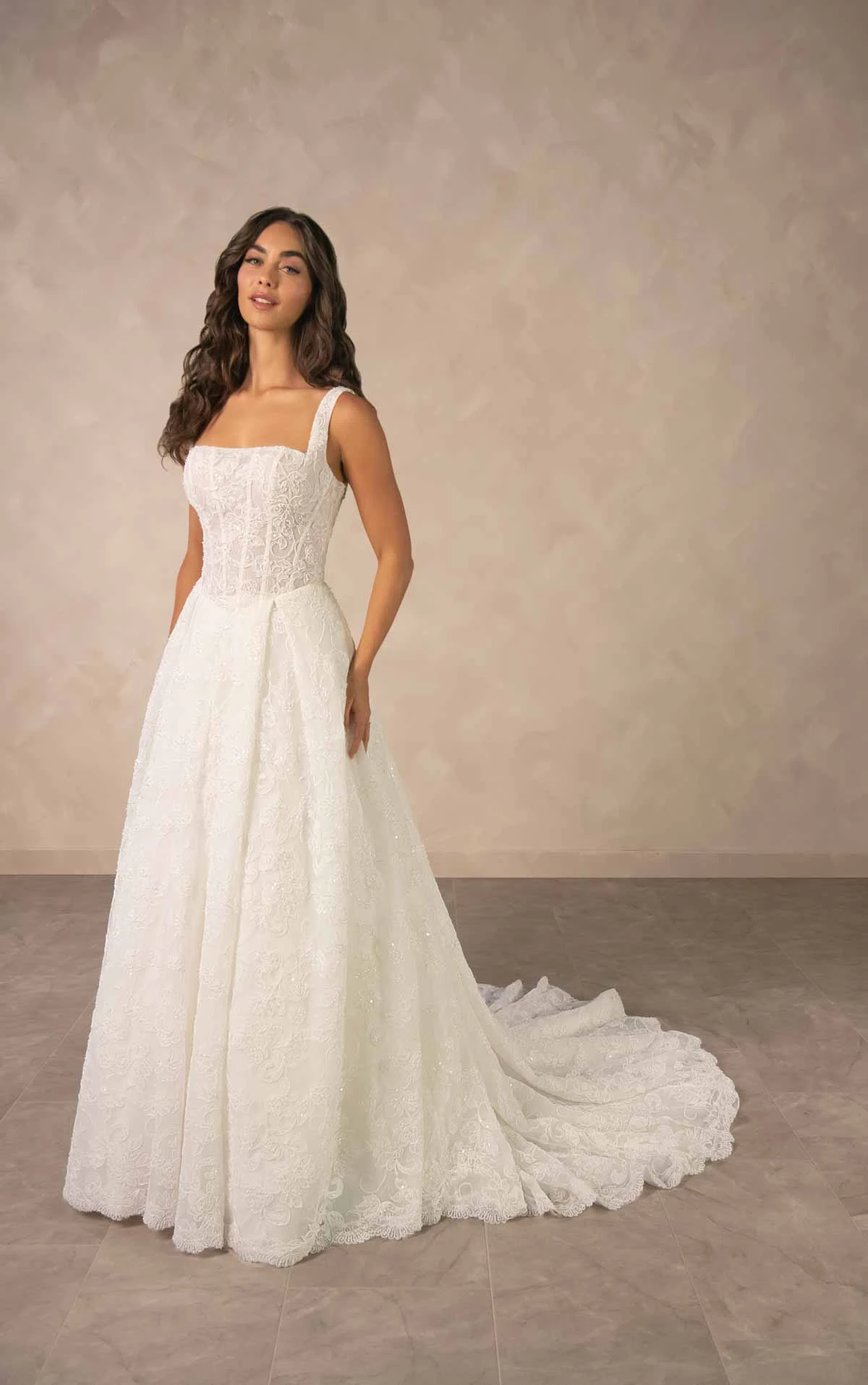 d4572 Sparkling Square Neckline Lace A-line Wedding Dress with Drop Waist by Essense of Australia