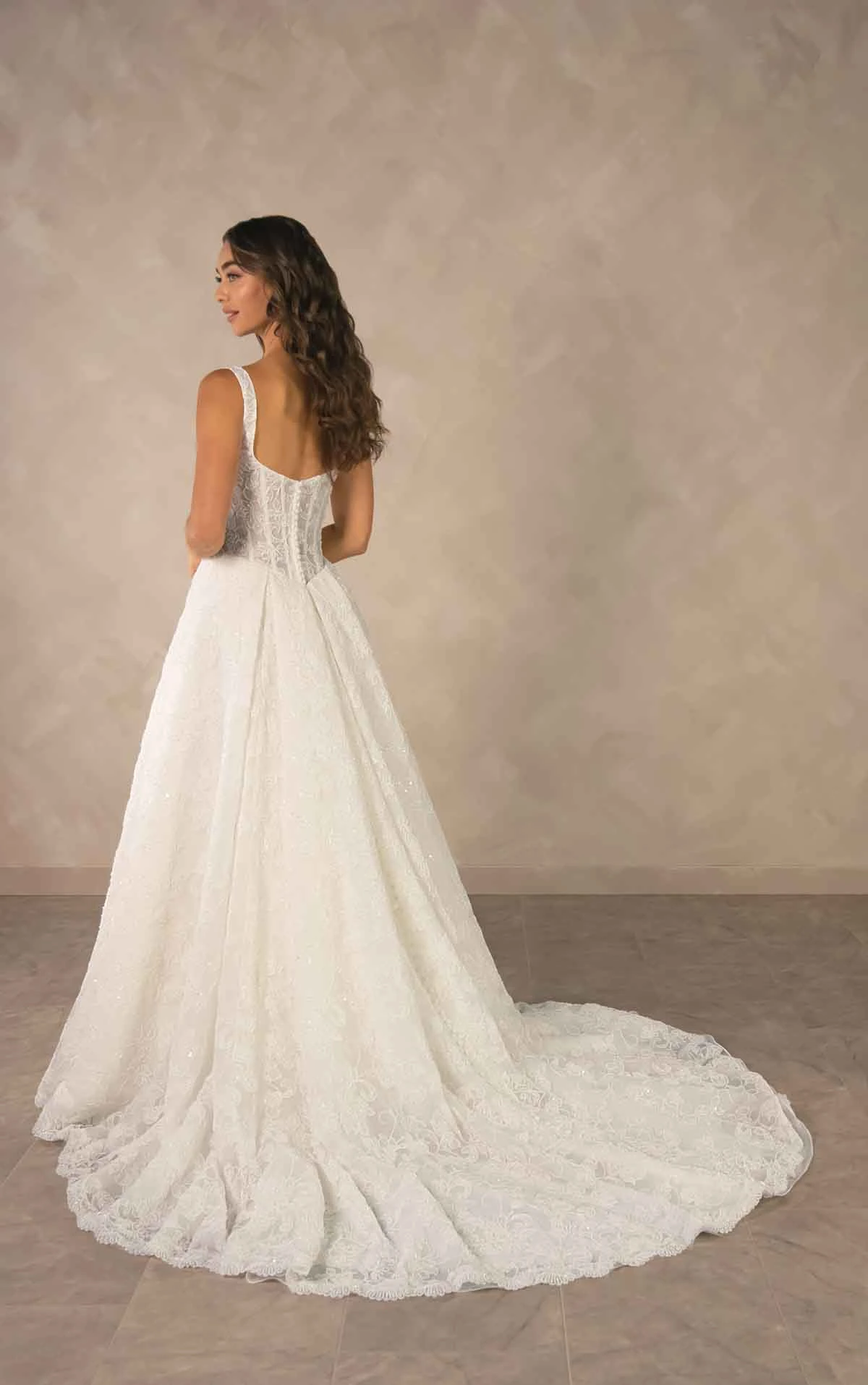 d4572 Sparkling Square Neckline Lace A-line Wedding Dress with Drop Waist by Essense of Australia