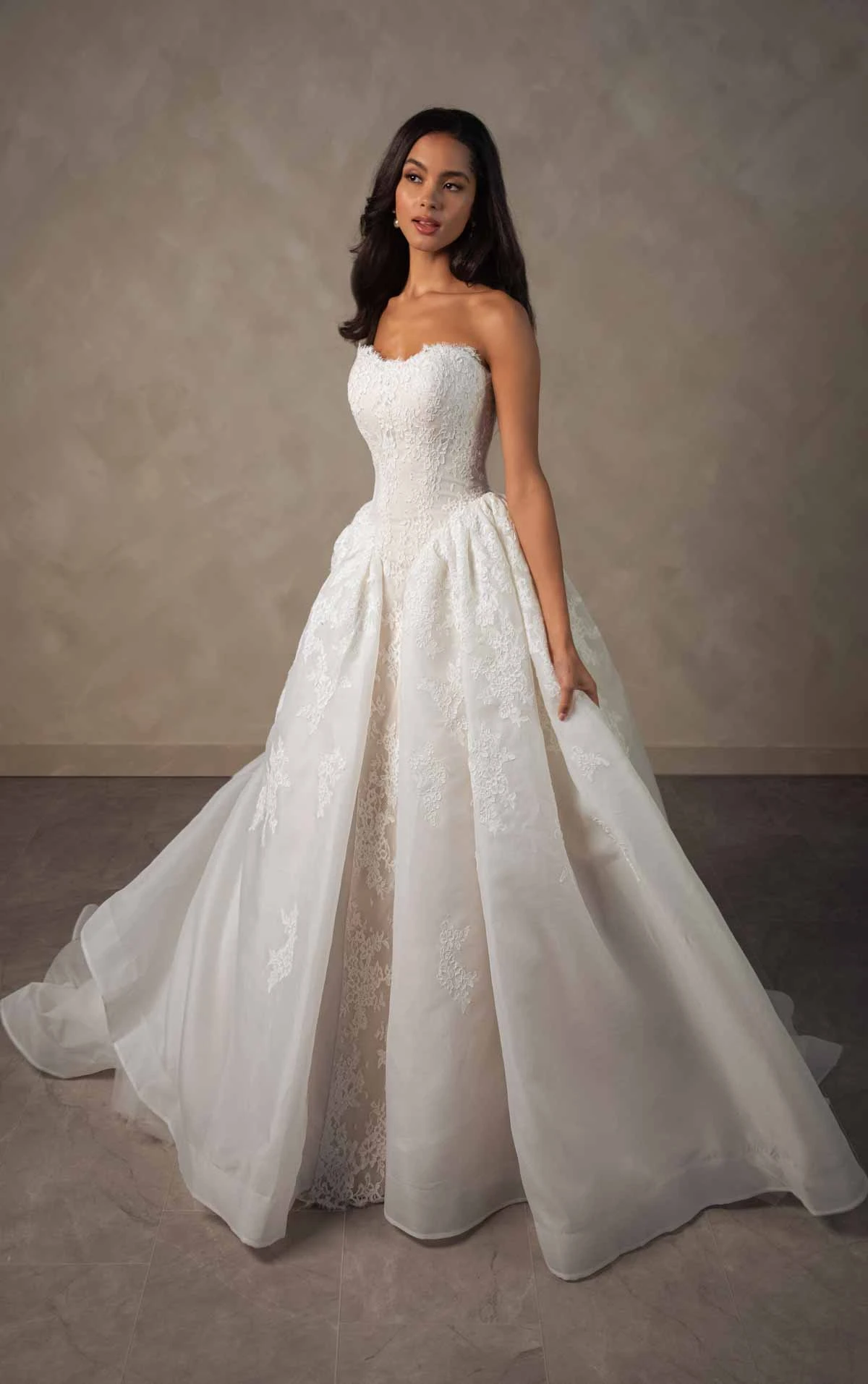 d4573 Romantic Lace and Organza Ballgown with Scalloped Sweetheart Neckline by Essense of Australia