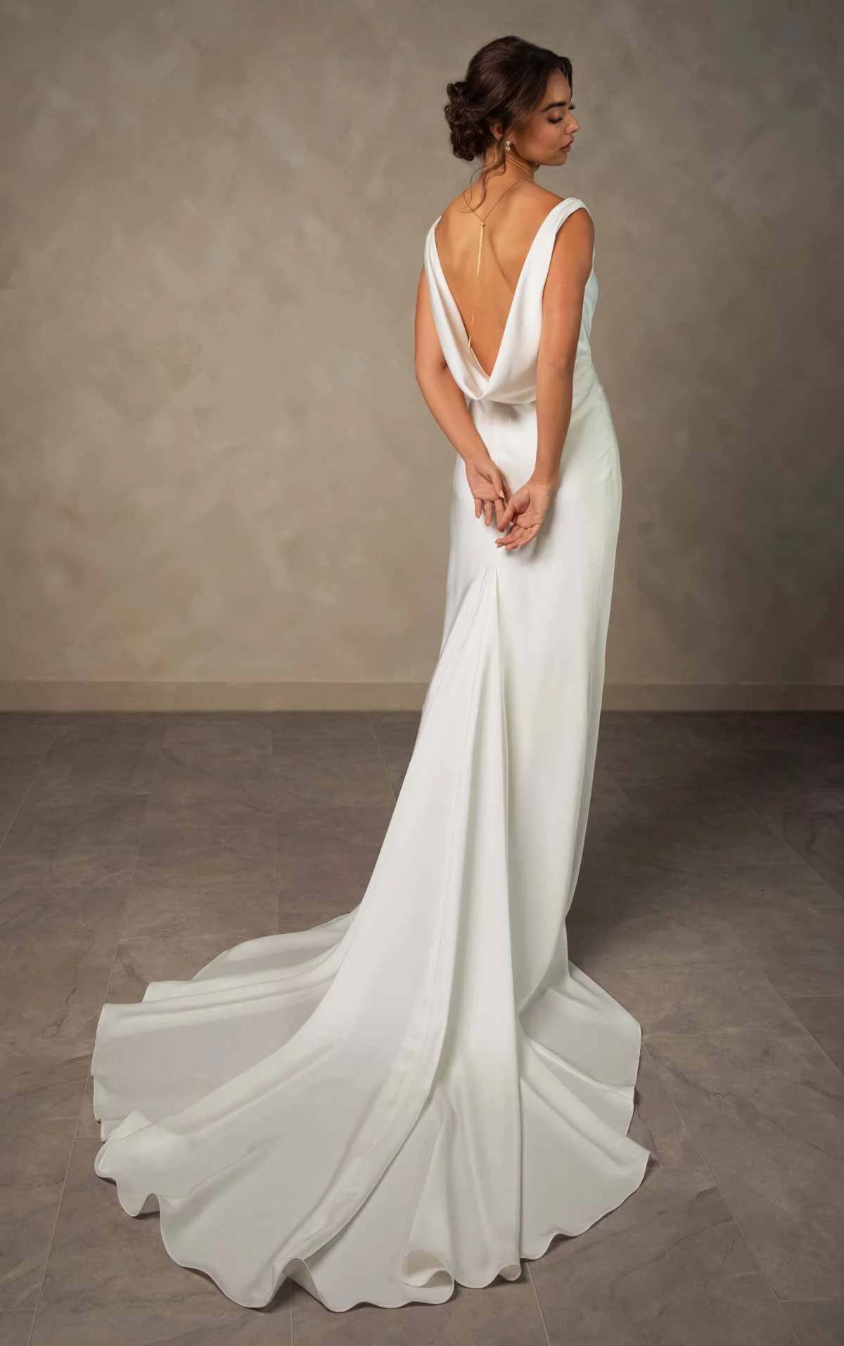 d4574 Minimalist Sheath Wedding Dress with Cowl Neckline and Backless Design by Essense of Australia