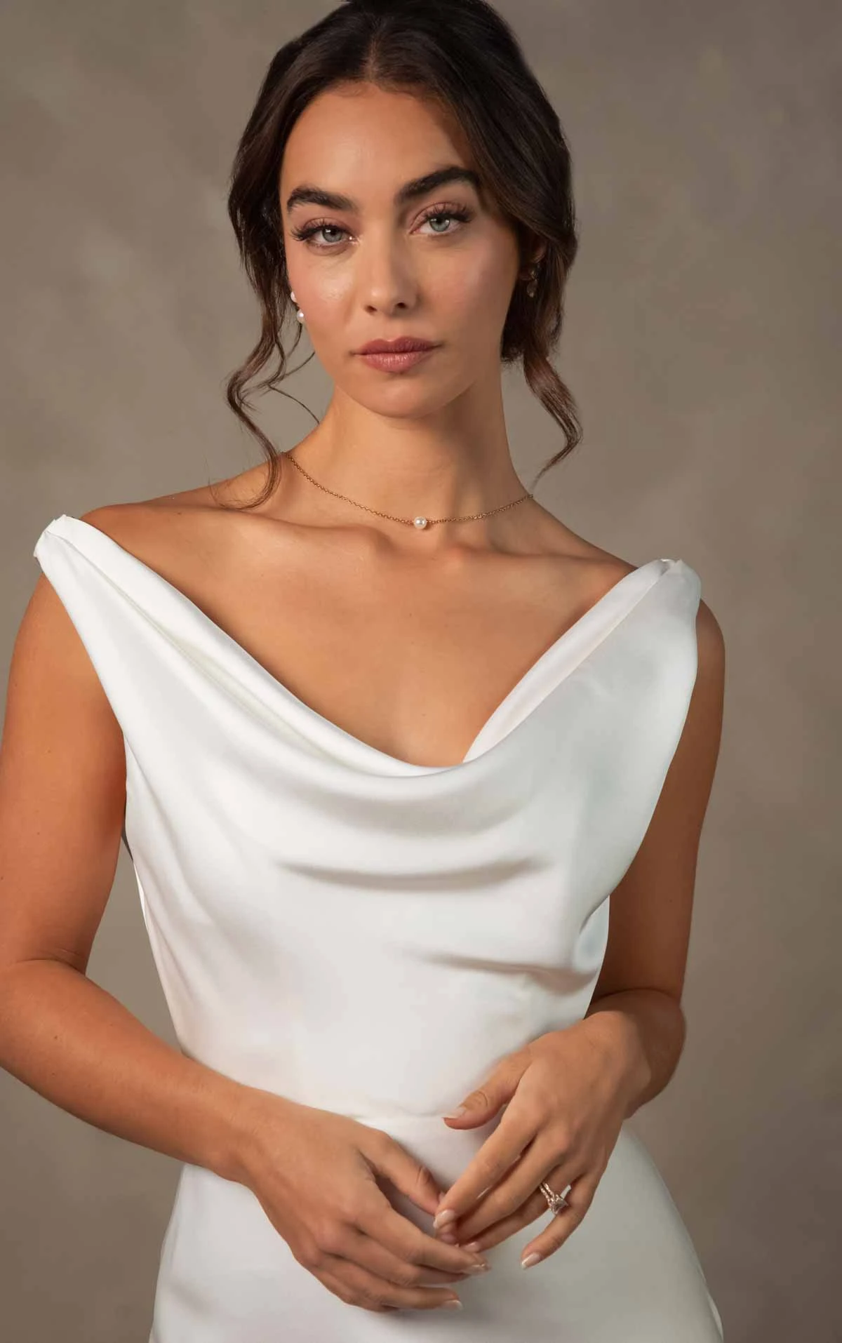 d4574 Minimalist Sheath Wedding Dress with Cowl Neckline and Backless Design by Essense of Australia