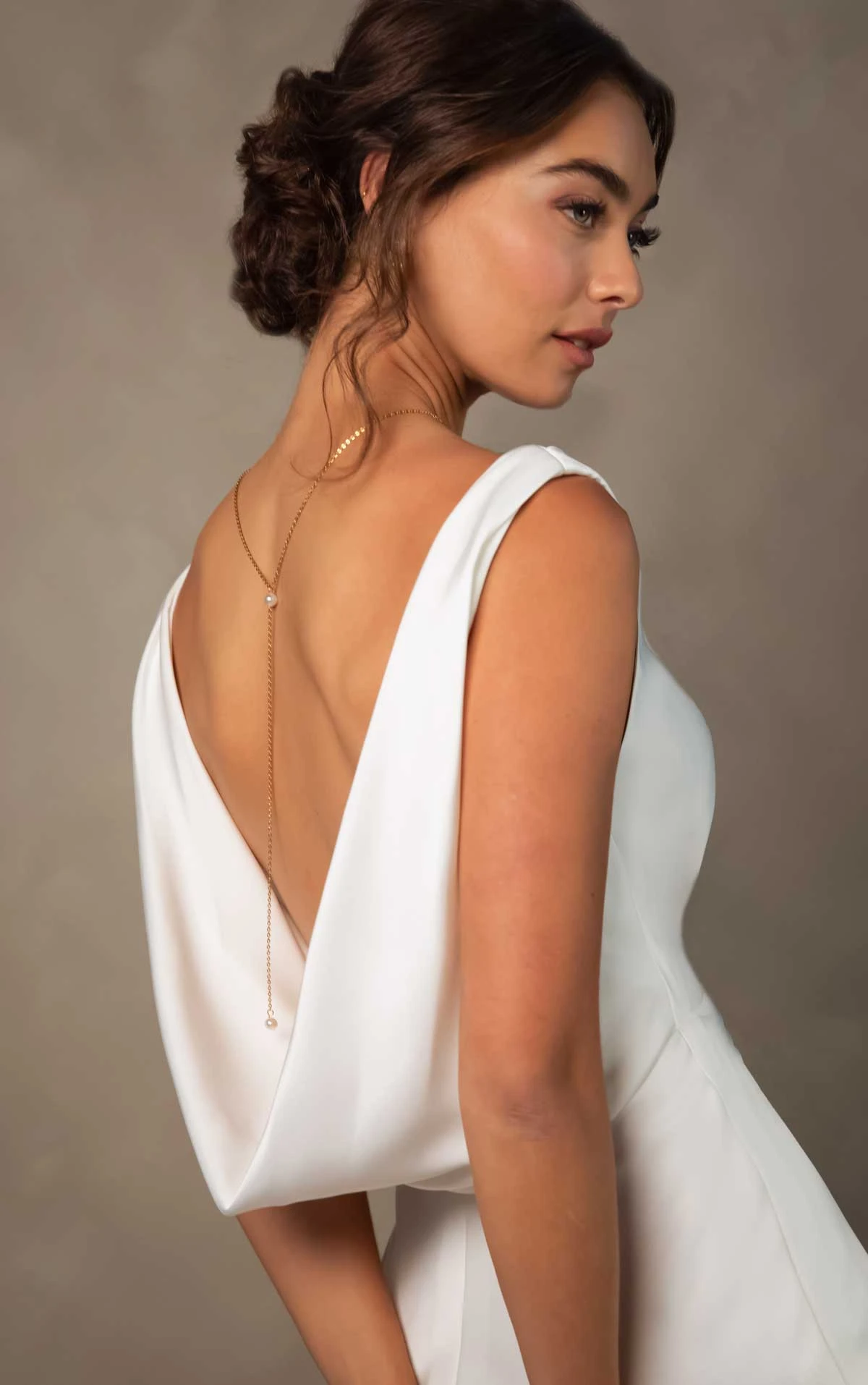 d4574 Minimalist Sheath Wedding Dress with Cowl Neckline and Backless Design by Essense of Australia