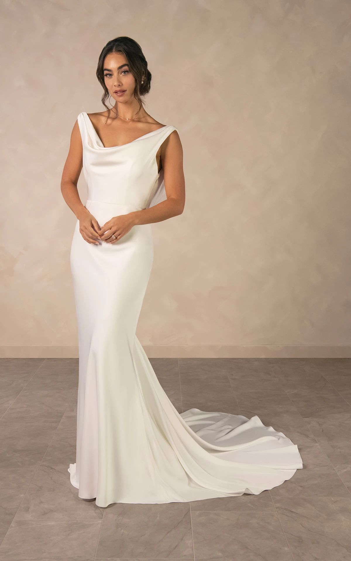 d4574 Minimalist Sheath Wedding Dress with Cowl Neckline and Backless Design  by Essense of Australia