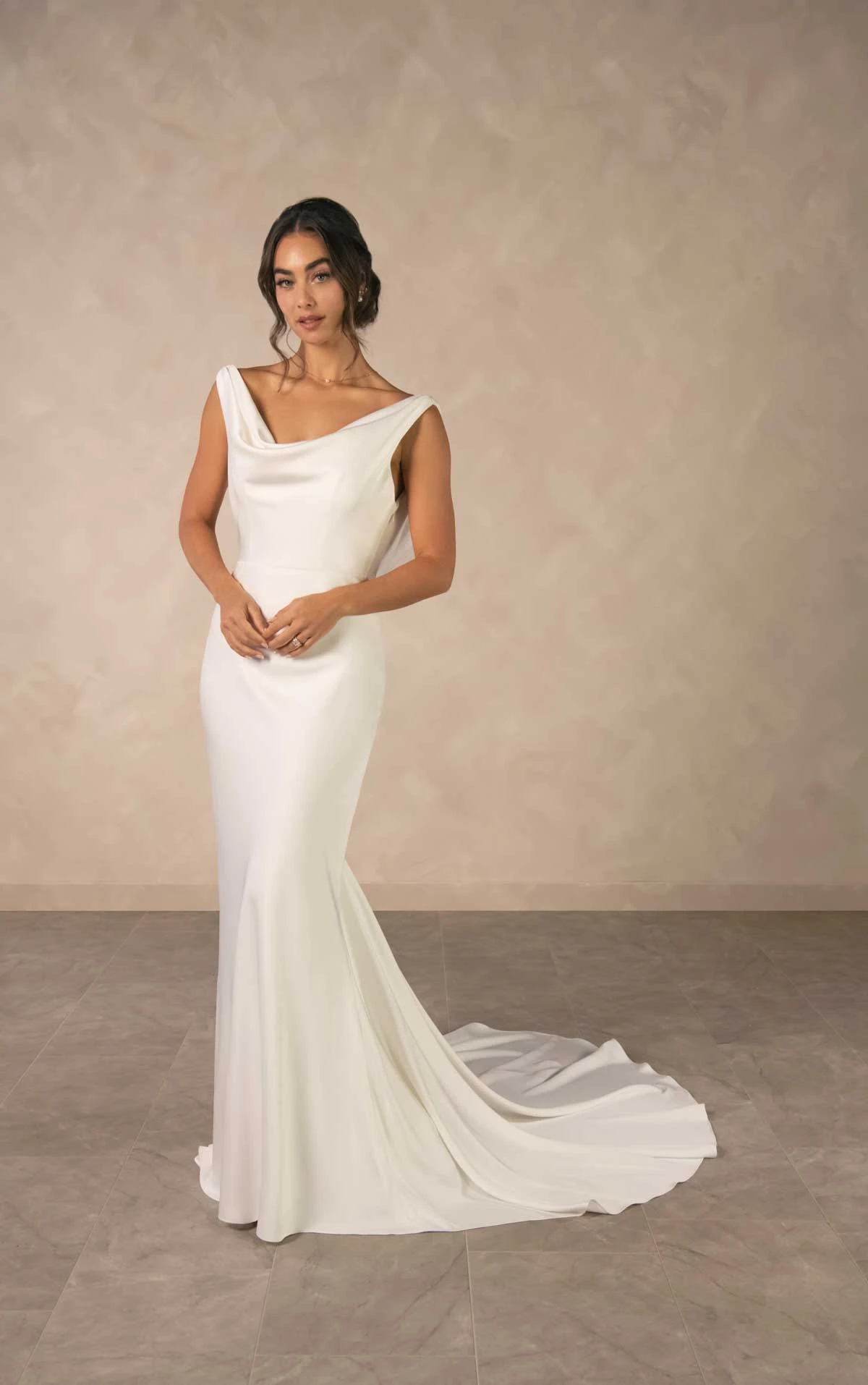 d4574 Minimalist Sheath Wedding Dress with Cowl Neckline and Backless Design by Essense of Australia
