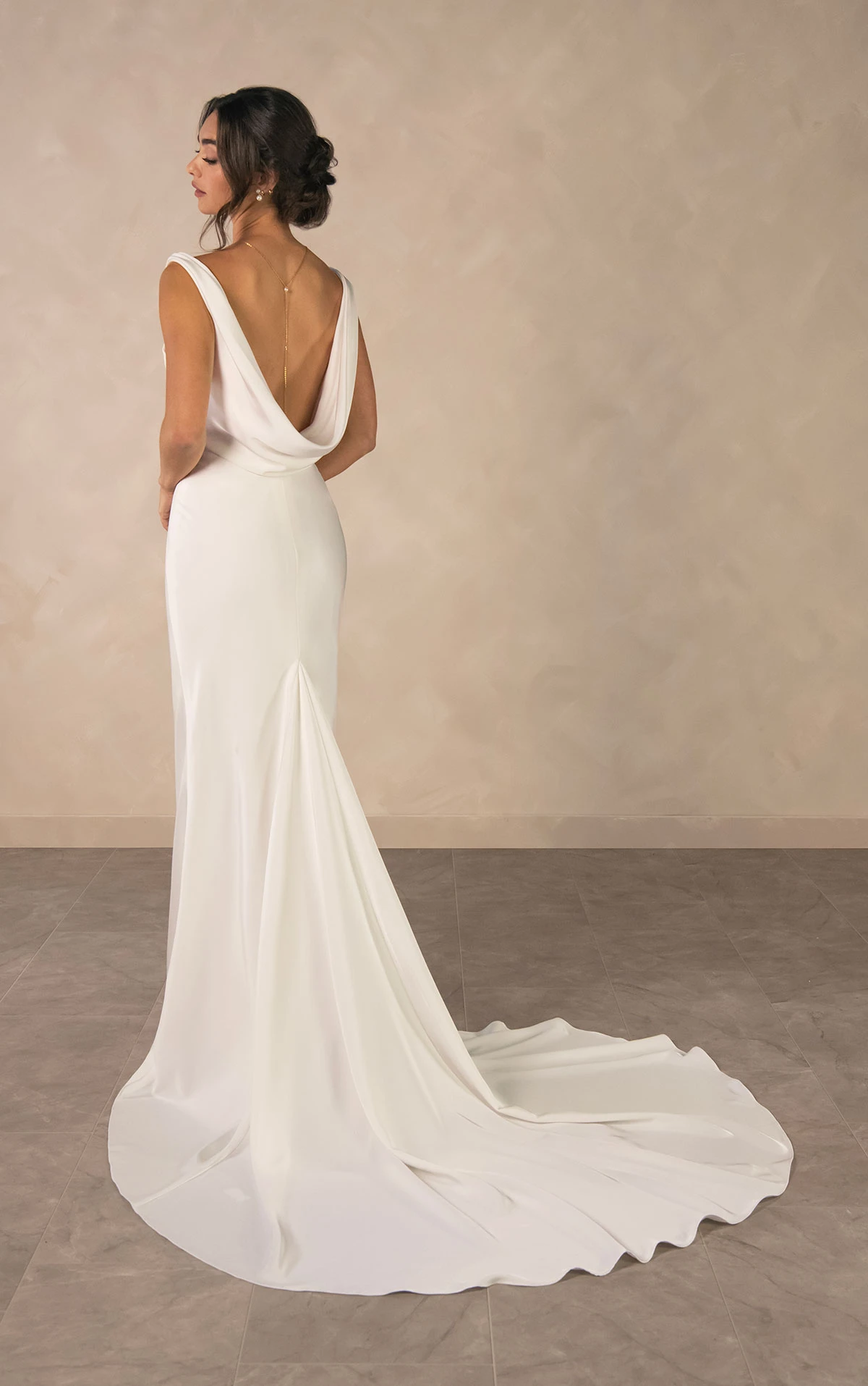 d4574 Minimalist Sheath Wedding Dress with Cowl Neckline and Backless Design  by Essense of Australia