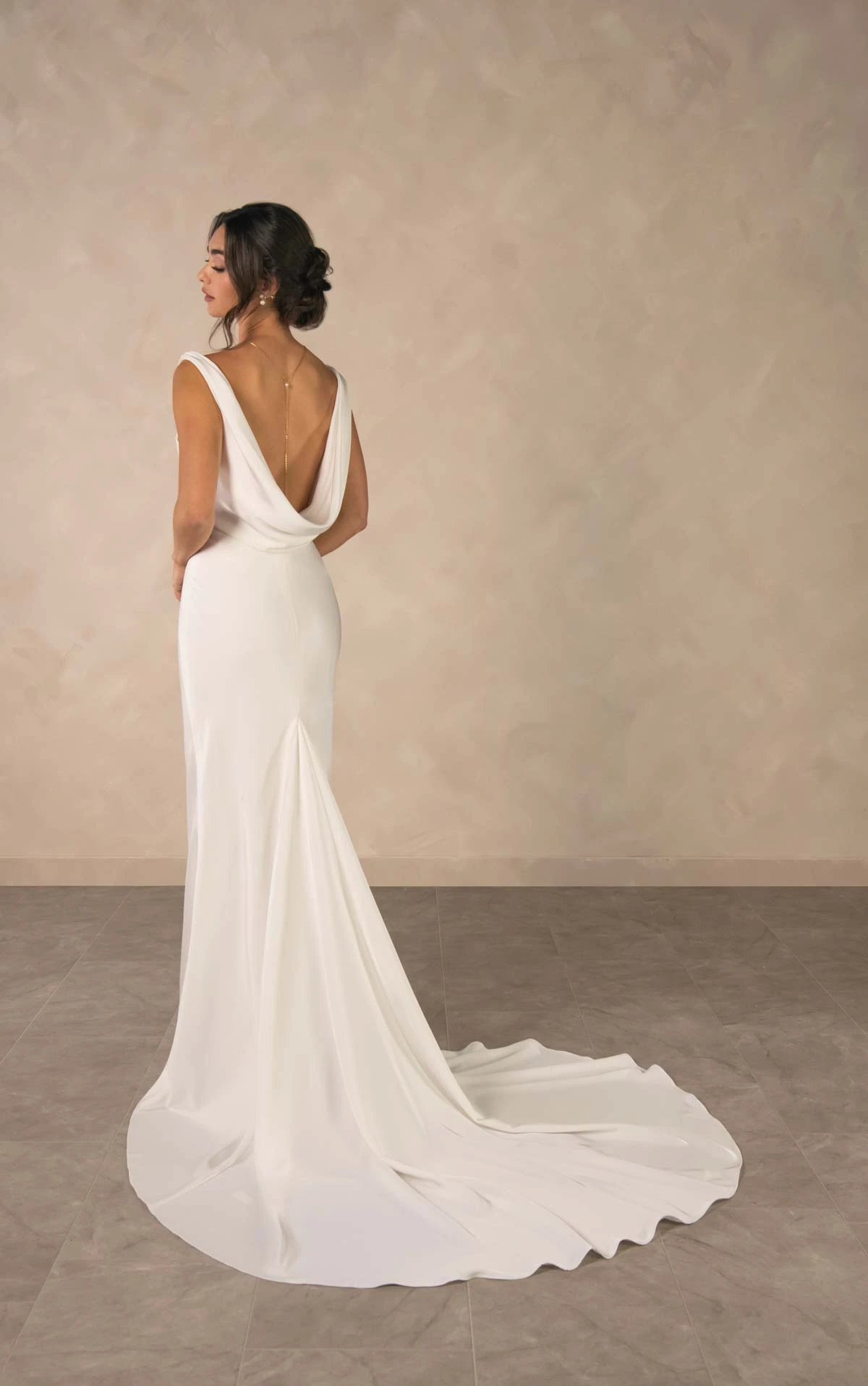 d4574 Minimalist Sheath Wedding Dress with Cowl Neckline and Backless Design by Essense of Australia
