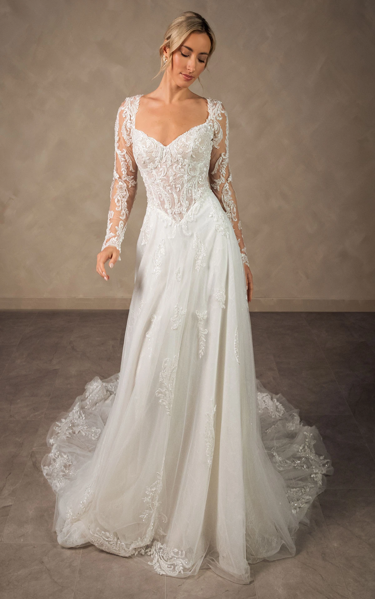 d4577 Romantic Sweetheart A-line Wedding Dress with Detachable Long Lace Sleeves  by Essense of Australia