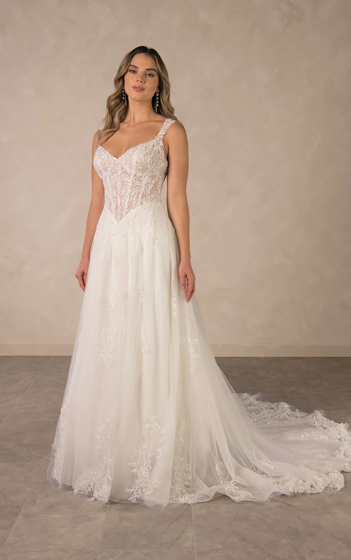 d4577 Romantic Sweetheart A-line Wedding Dress with Detachable Long Lace Sleeves  by Essense of Australia