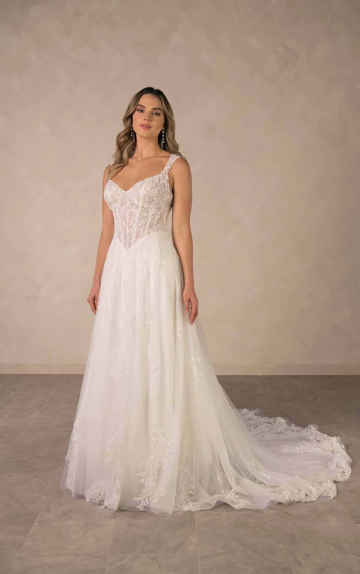 d4577 Romantic Sweetheart A-line Wedding Dress with Detachable Long Lace Sleeves by Essense of Australia