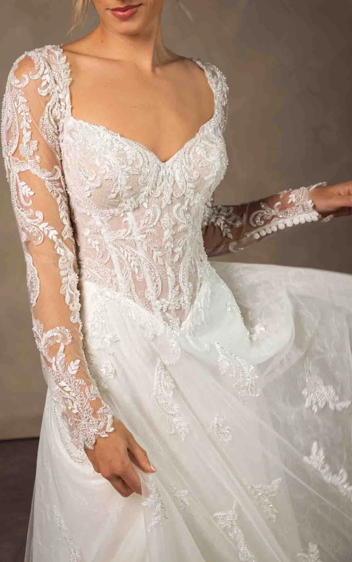 d4577 Romantic Sweetheart A-line Wedding Dress with Detachable Long Lace Sleeves by Essense of Australia