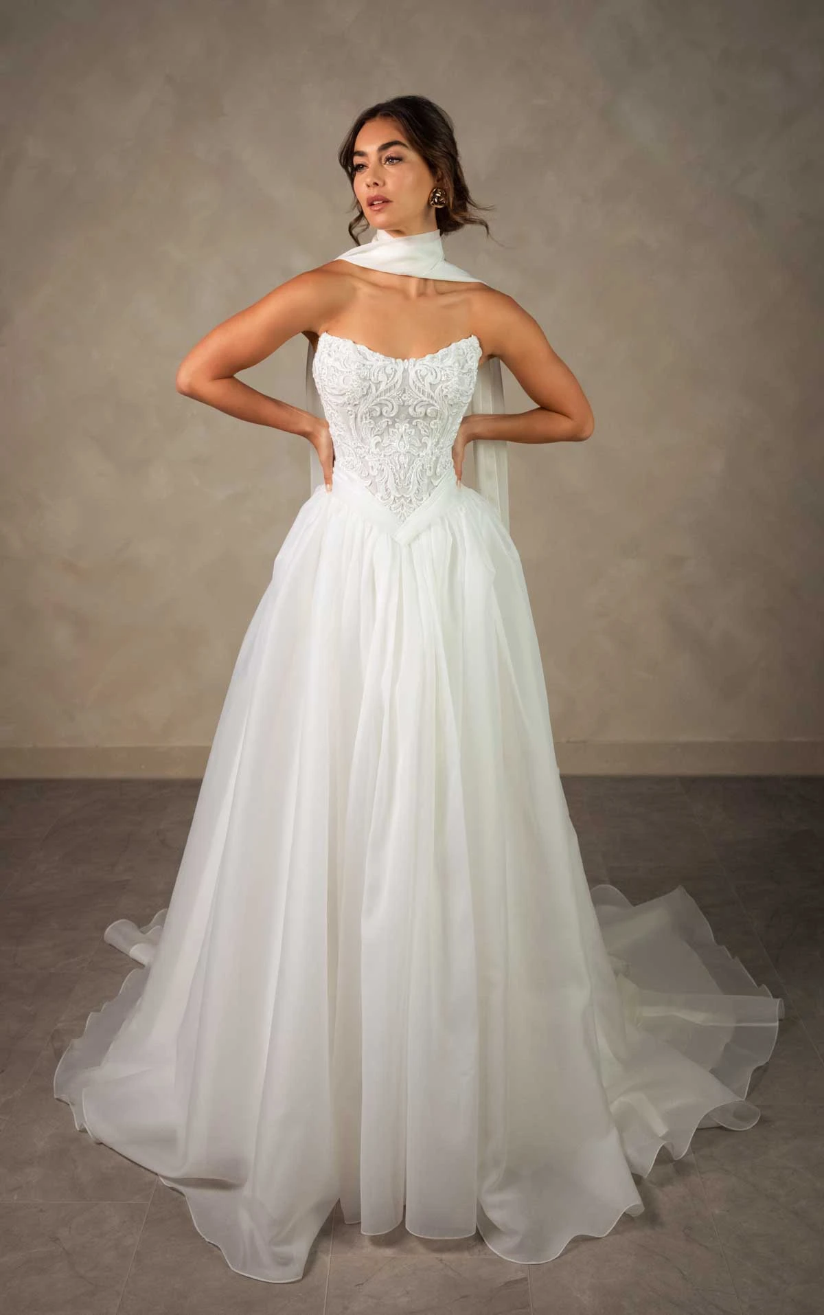 d4580 Romantic Lace and Organza A-Line Wedding Dress with Basque Waist by Essense of Australia