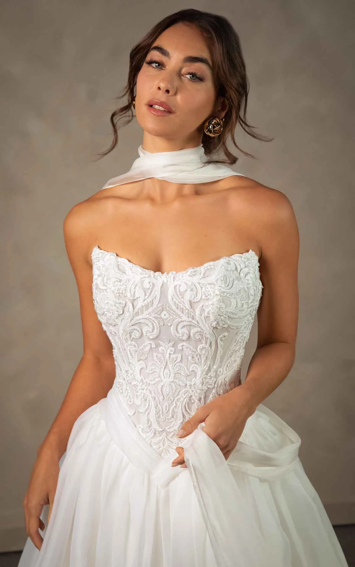 d4580 Romantic Lace and Organza A-Line Wedding Dress with Basque Waist by Essense of Australia