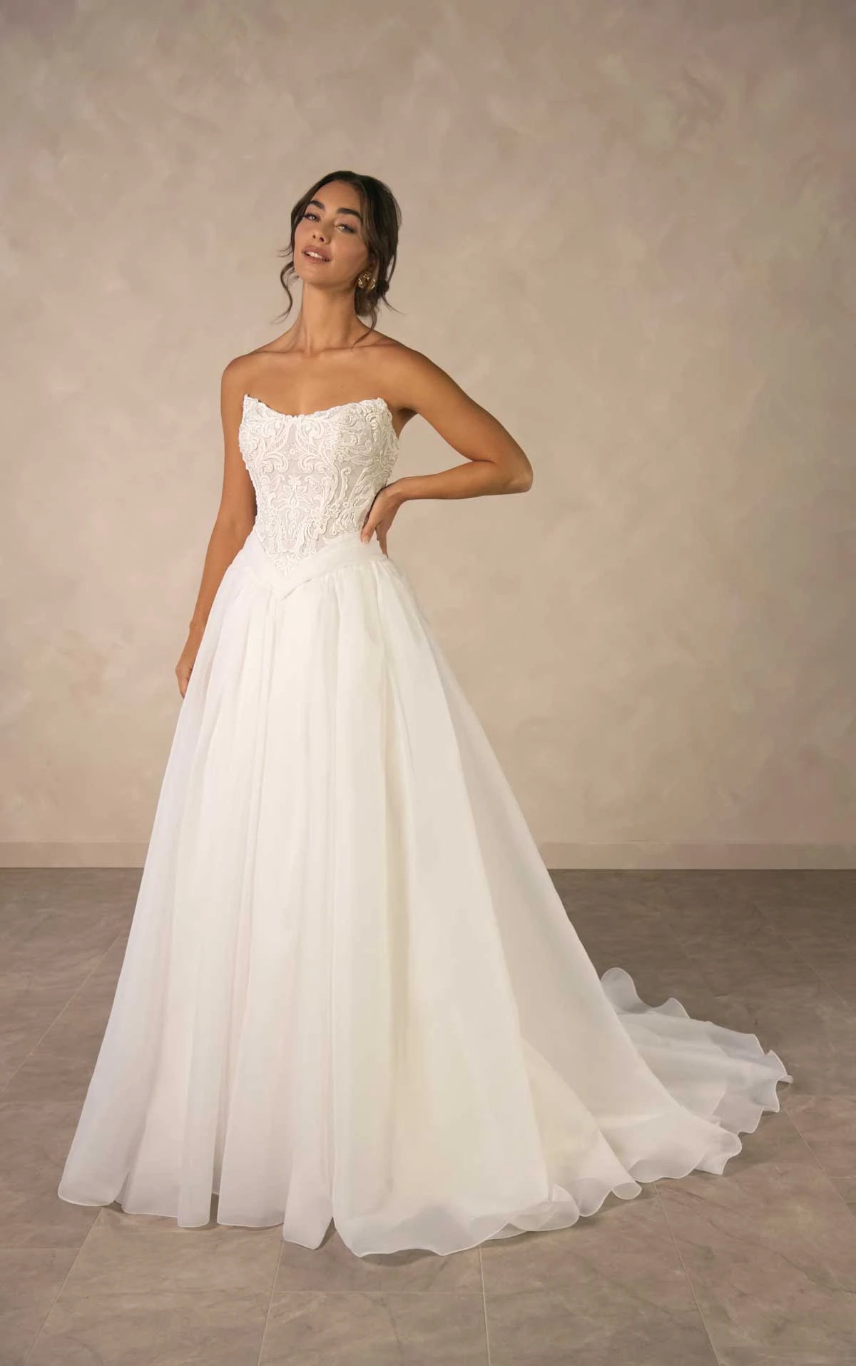 d4580 Romantic Lace and Organza A-Line Wedding Dress with Basque Waist by Essense of Australia