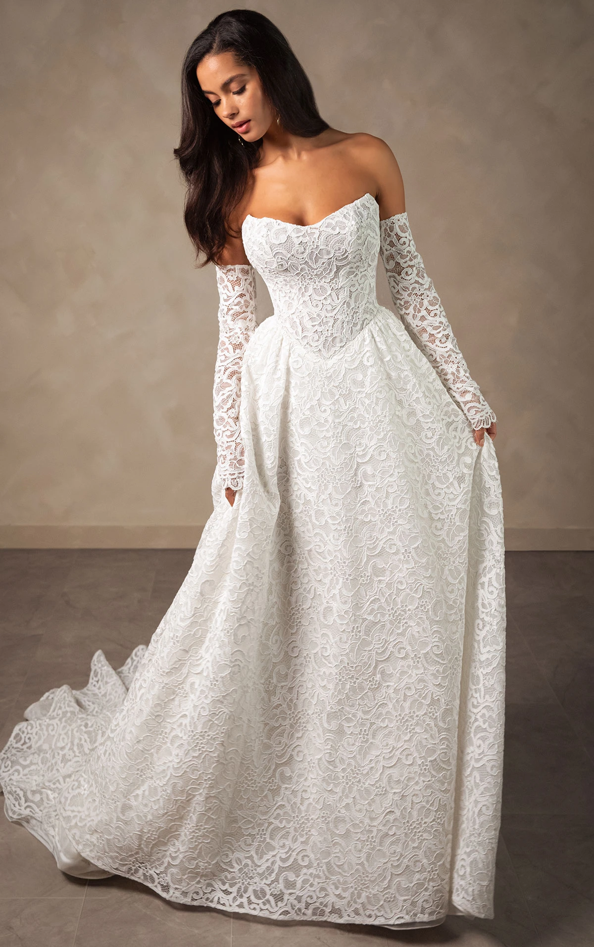 Strapless Lace A-Line Corset Bridal Dress with Sleeves and