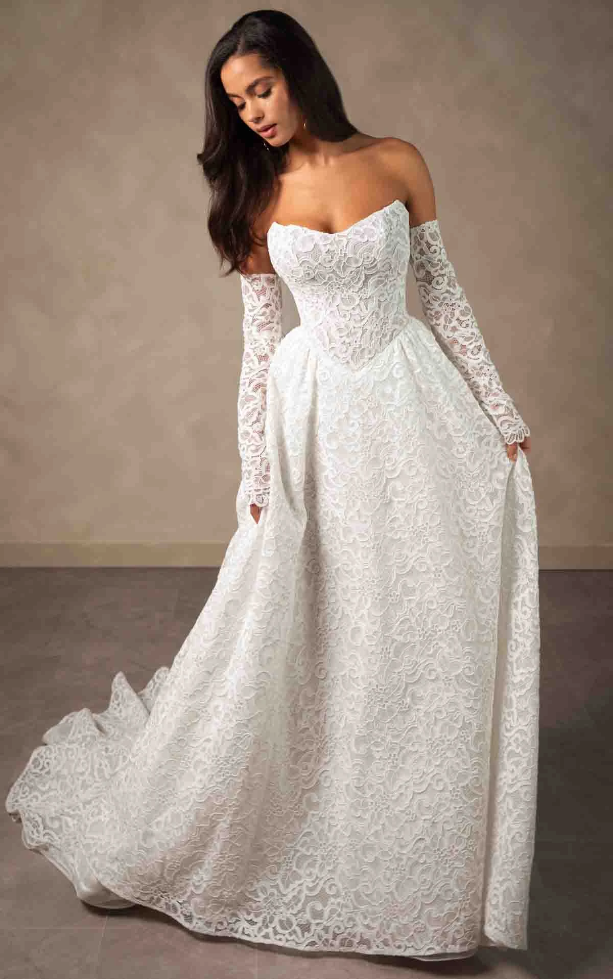 d4591 Allover Lace A-line Wedding Dress with Detachable Long Sleeves by Essense of Australia