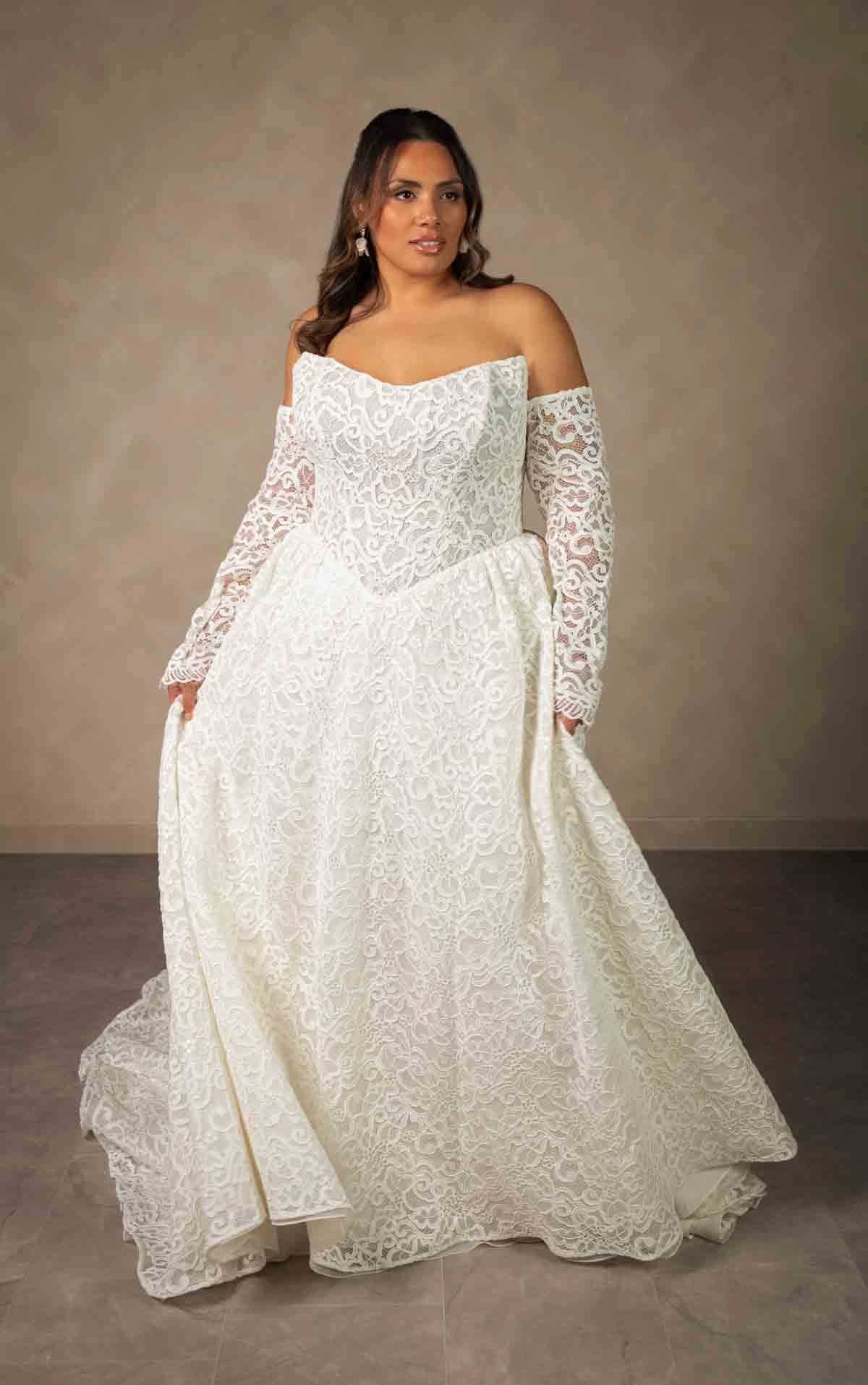 d4591 Allover Lace A-line Wedding Dress with Detachable Long Sleeves by Essense of Australia