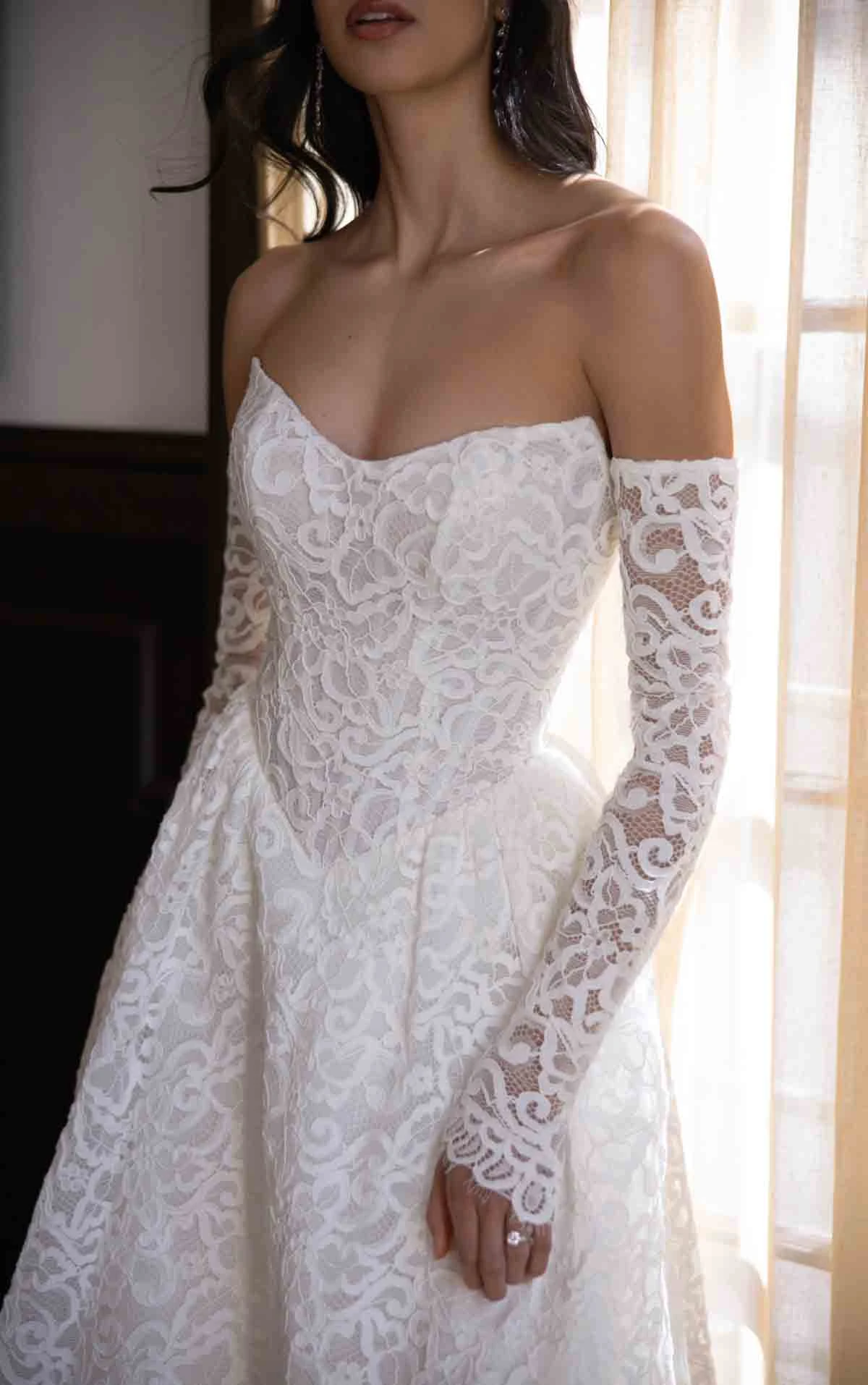 d4591 Allover Lace A-line Wedding Dress with Detachable Long Sleeves by Essense of Australia