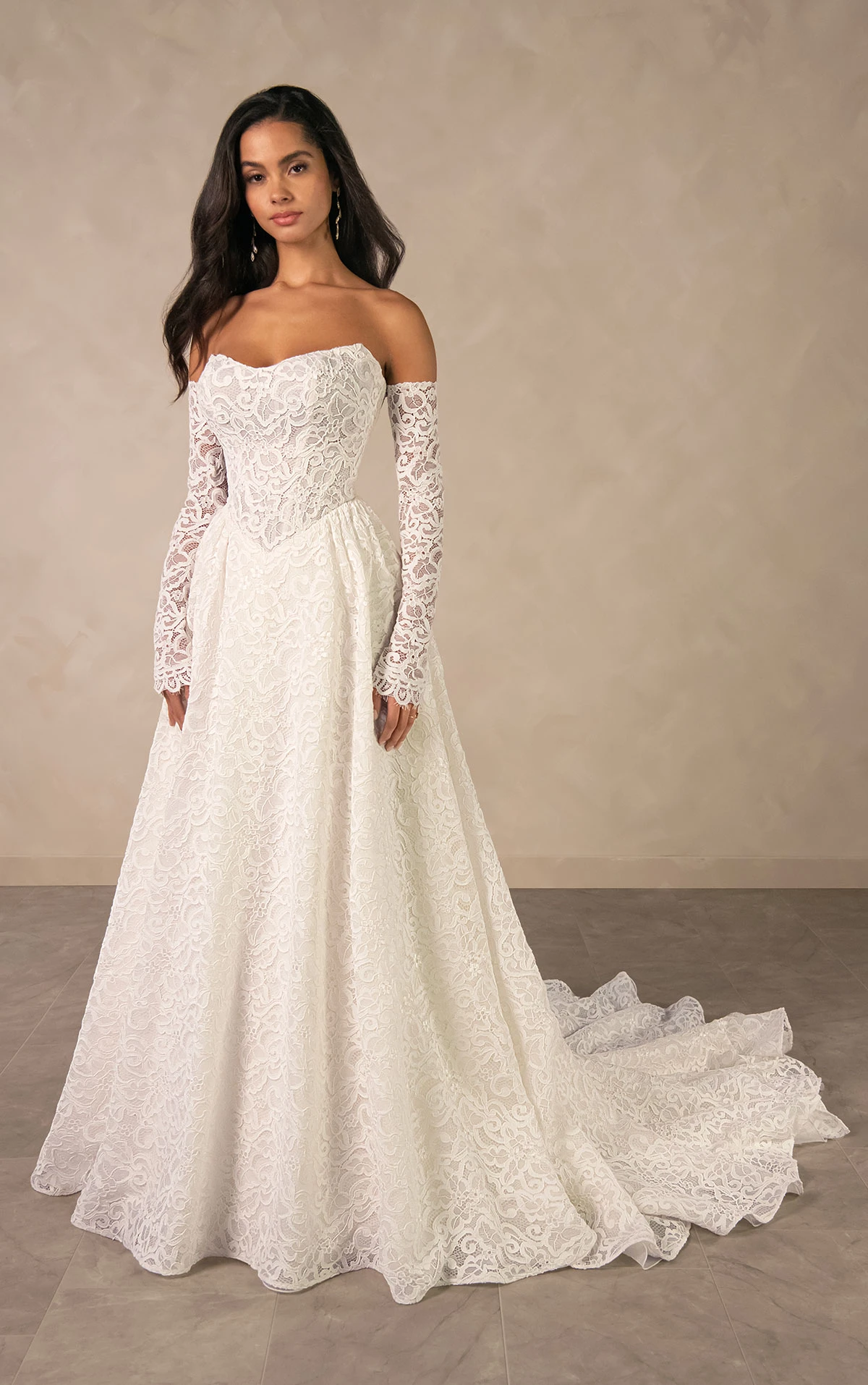 Strapless Lace A-Line Corset Bridal Dress with Sleeves and Strapless Lace A-Line Corset Bridal Dress with Sleeves and