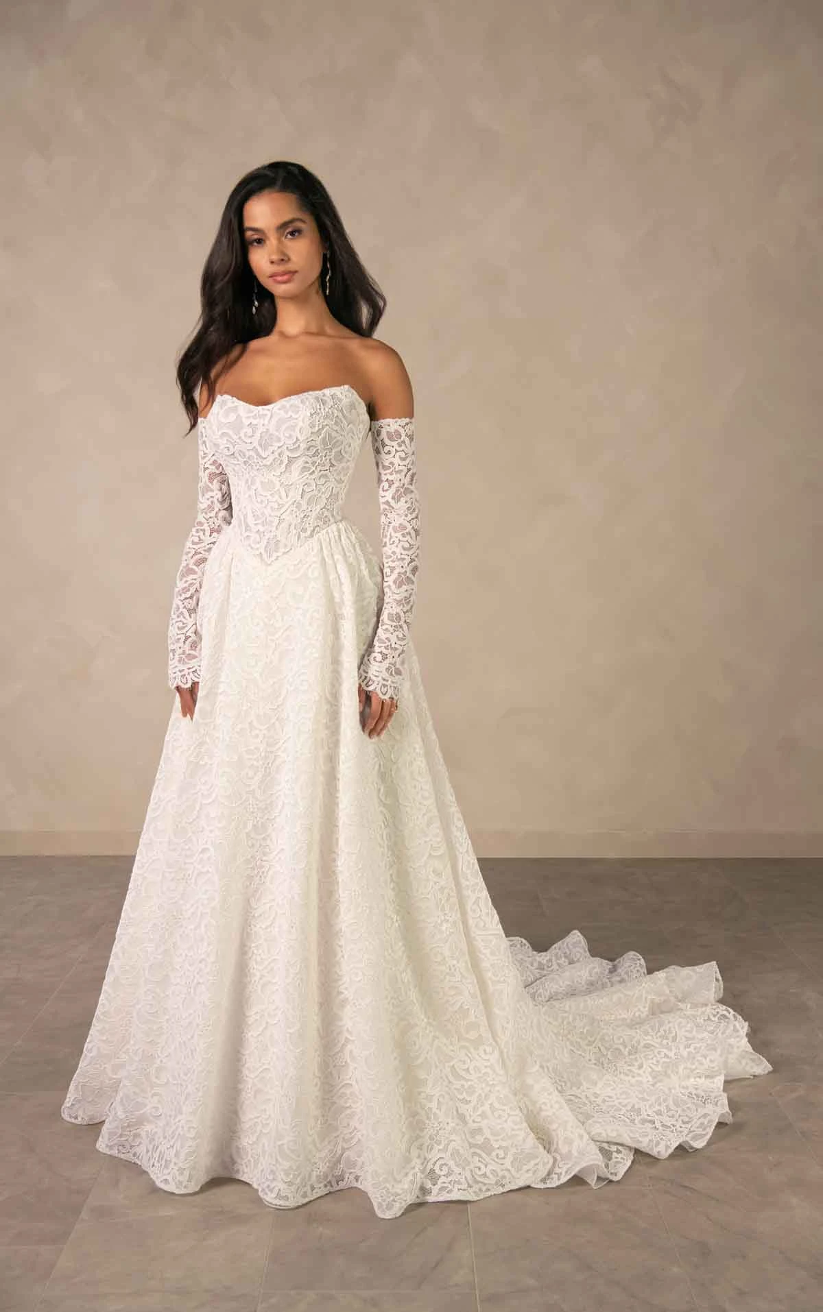 d4591 Allover Lace A-line Wedding Dress with Detachable Long Sleeves by Essense of Australia