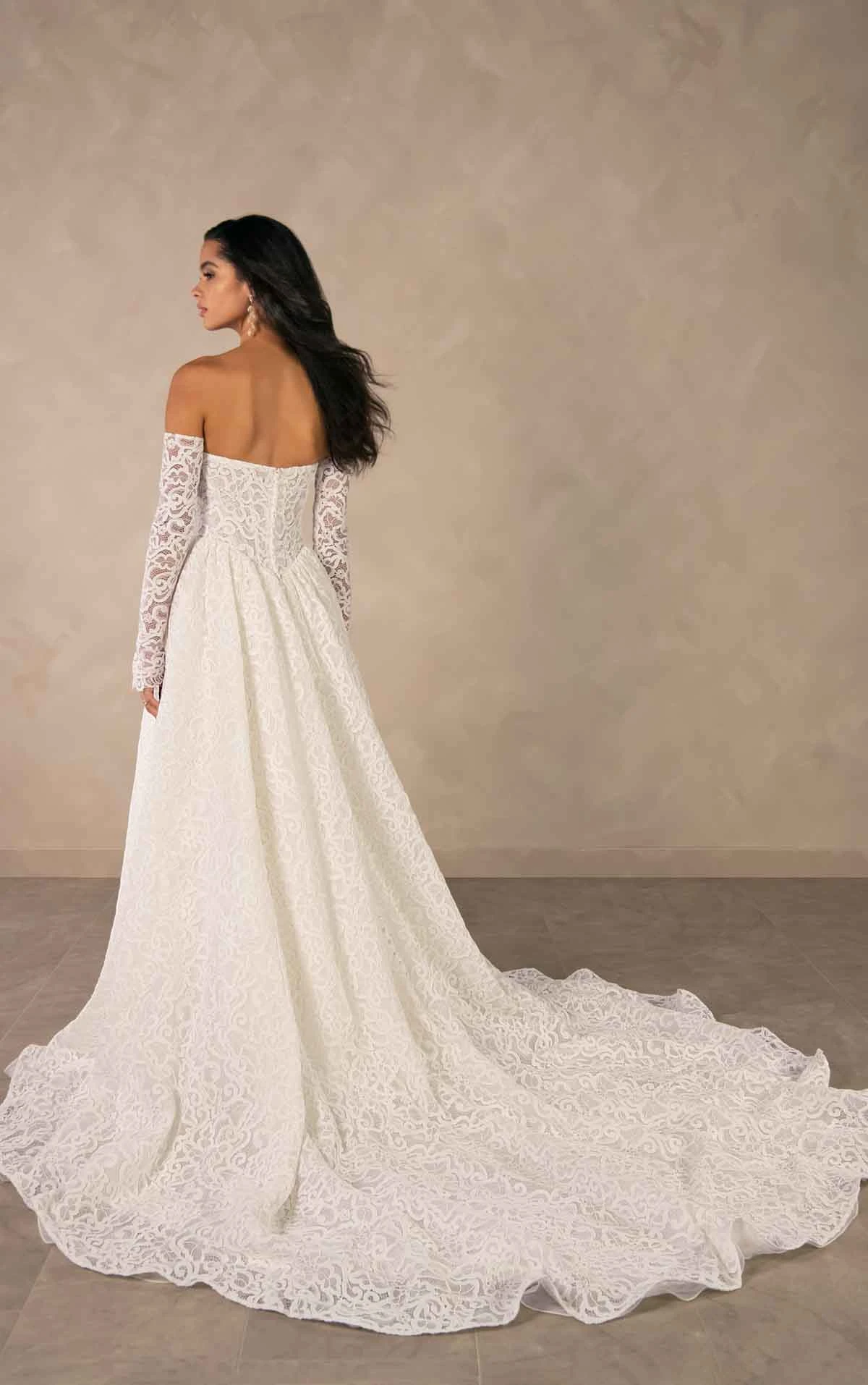 d4591 Allover Lace A-line Wedding Dress with Detachable Long Sleeves by Essense of Australia