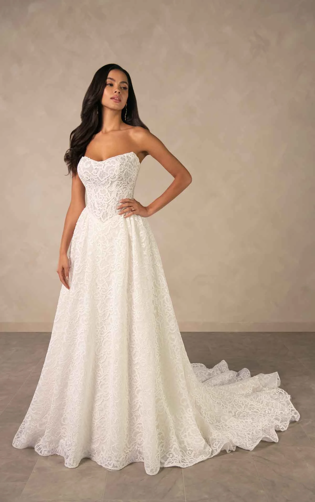 d4591 Allover Lace A-line Wedding Dress with Detachable Long Sleeves by Essense of Australia