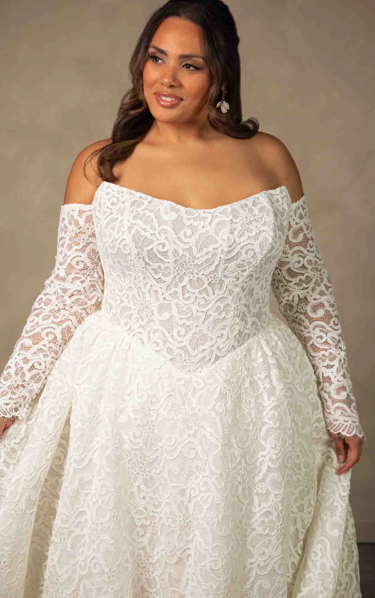 d4591+ Plus Size Allover Lace A-line Wedding Dress with Detachable Long Sleeves by Essense of Australia
