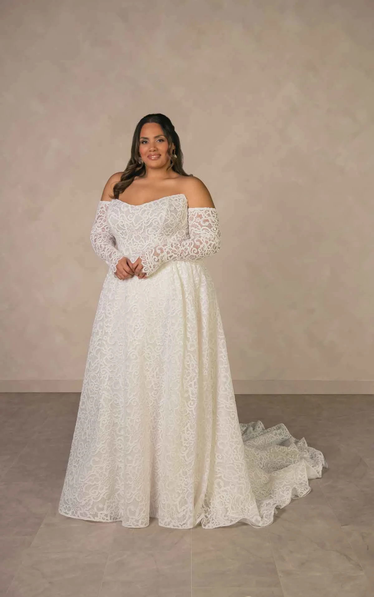d4591+ Plus Size Allover Lace A-line Wedding Dress with Detachable Long Sleeves by Essense of Australia