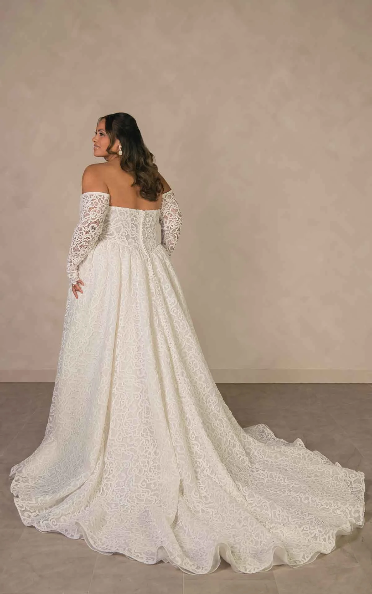d4591+ Plus Size Allover Lace A-line Wedding Dress with Detachable Long Sleeves by Essense of Australia