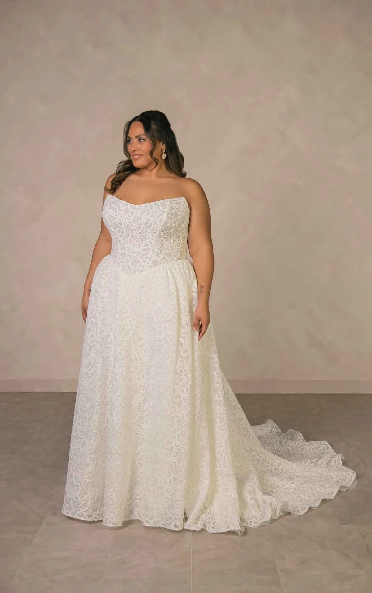 d4591+ Plus Size Allover Lace A-line Wedding Dress with Detachable Long Sleeves by Essense of Australia