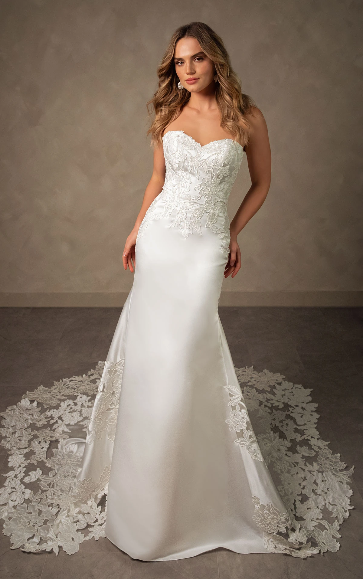 d4600 Elegant Satin and Lace Fit-and-Flare Wedding Dress with Scalloped Cathedral Train  by Essense of Australia