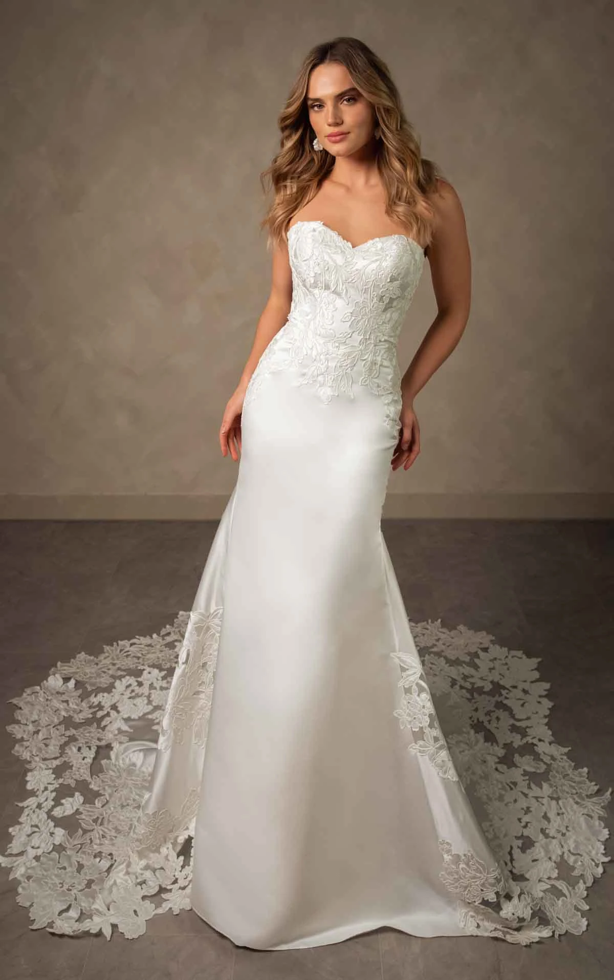 d4600 Elegant Satin and Lace Fit-and-Flare Wedding Dress with Scalloped Cathedral Train by Essense of Australia