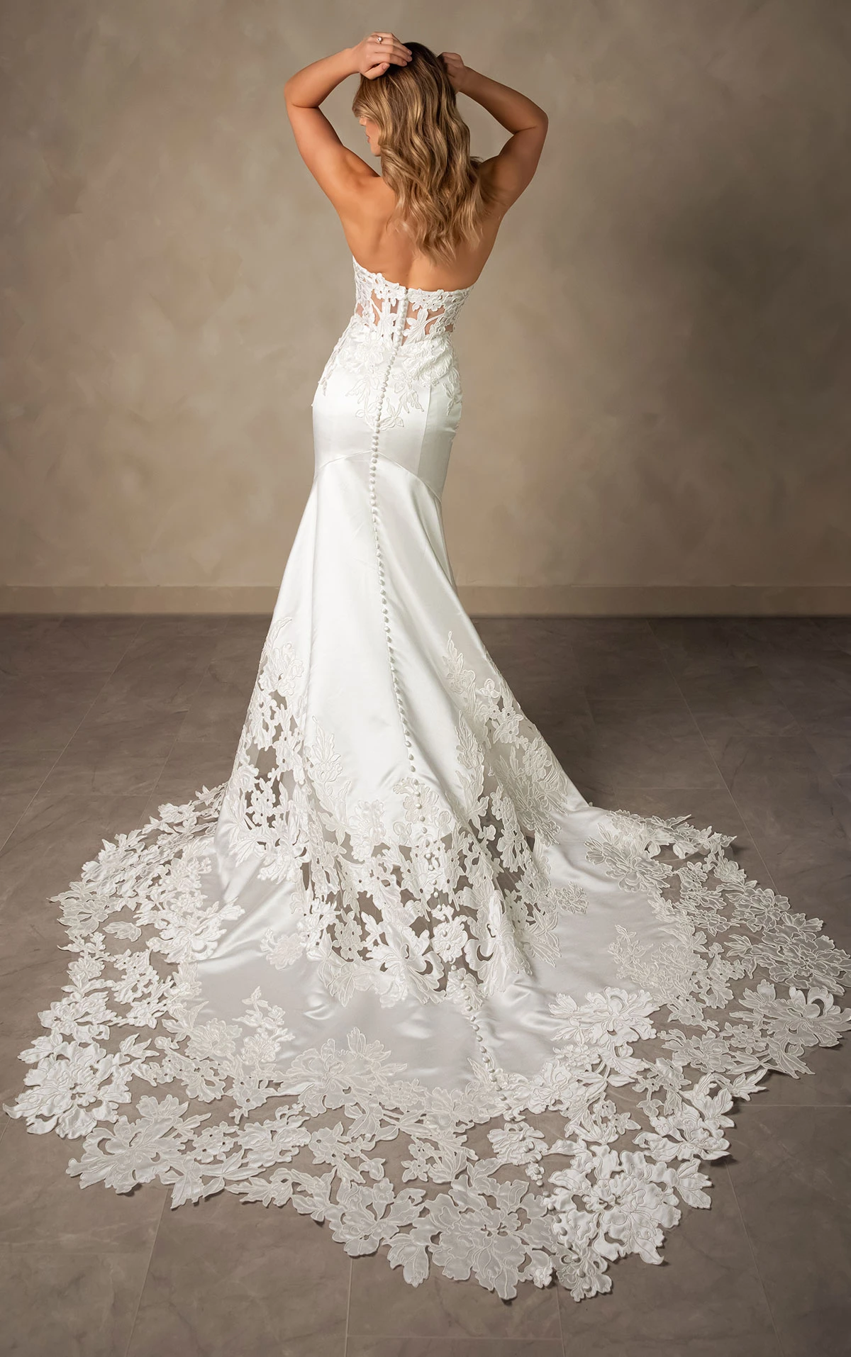 Strapless Satin Fit-and-Flare Wedding Dress with Lace