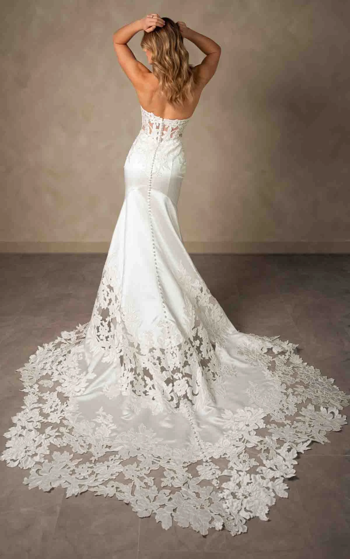 d4600 Elegant Satin and Lace Fit-and-Flare Wedding Dress with Scalloped Cathedral Train by Essense of Australia